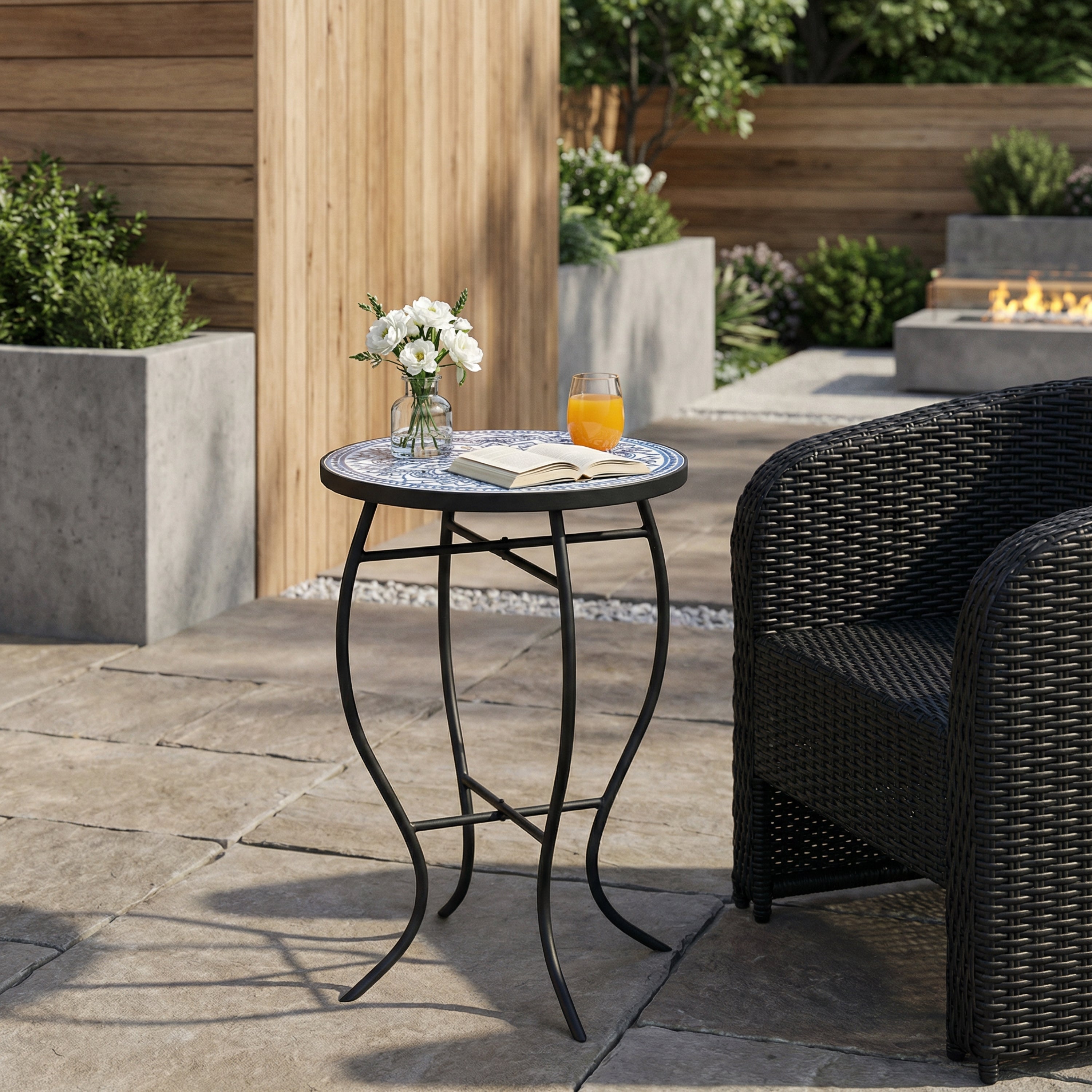 Outdoor Round Side Table with Mosaic-Style Top and Curved Iron Legs, Blue and Matte Black