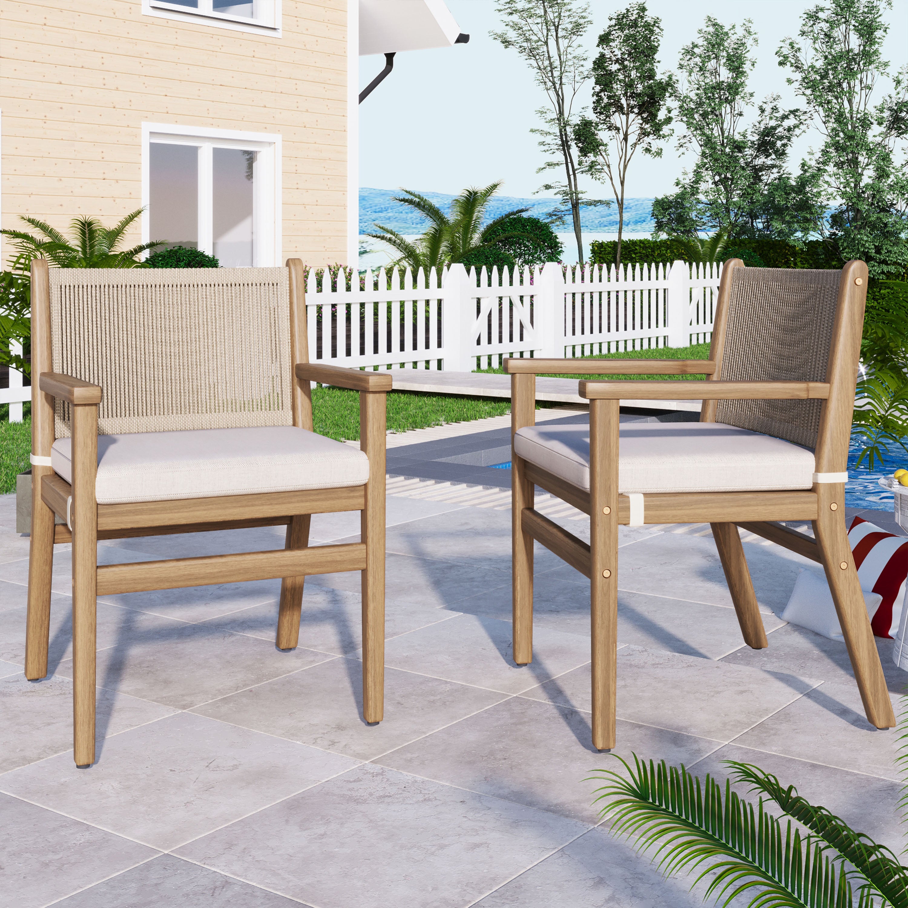Outdoor Dining Chair with Rope Design Back and Seat Cushion, Set of 2