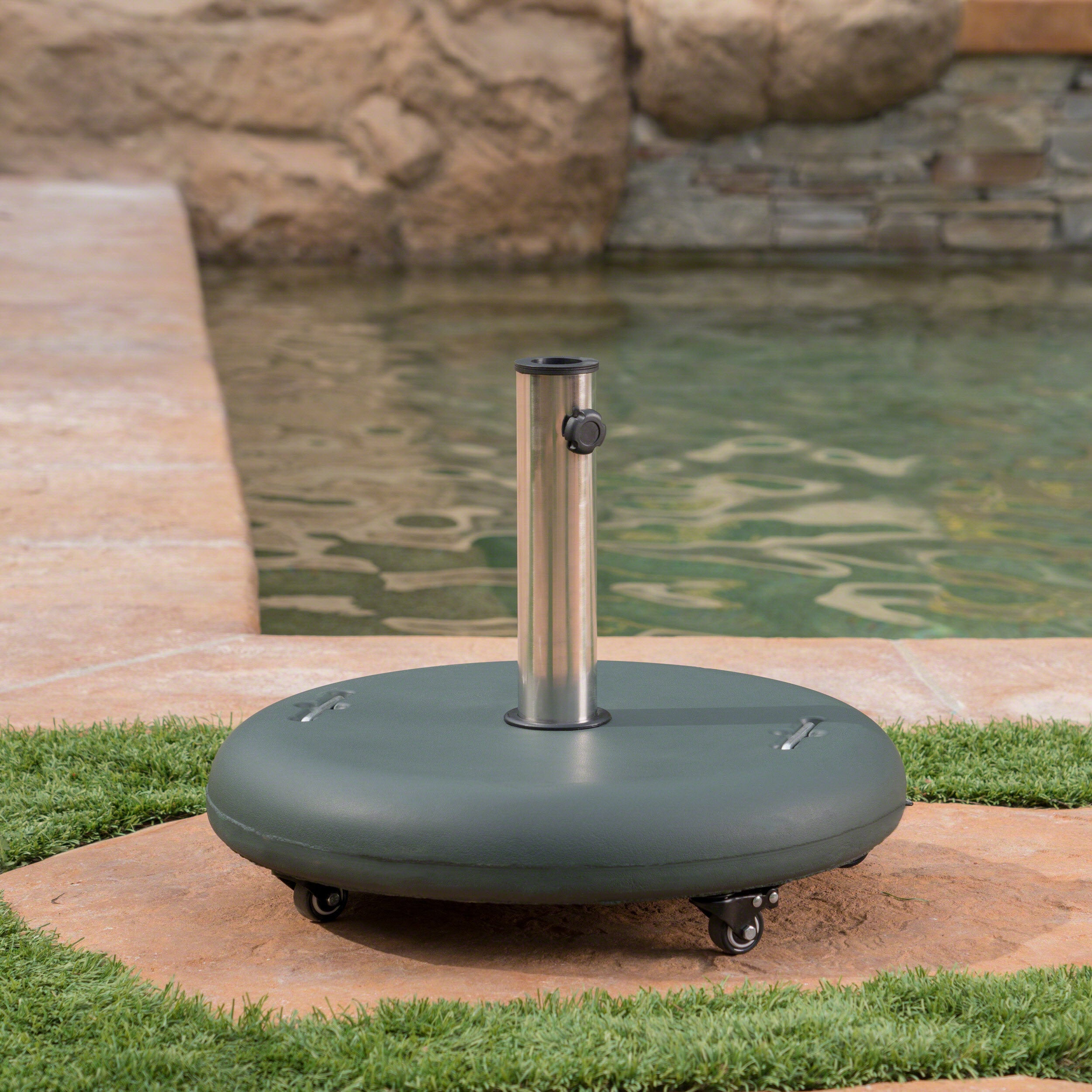 Prehnite Outdoor Round Umbrella Base with Casters and Stainless Steel Holder