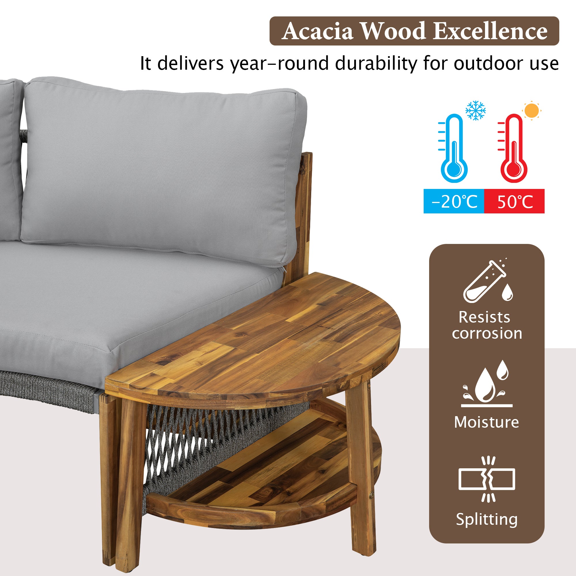 U_Style 3-Piece Outdoor Sofa Set for 6, 2 Semi-Circle Sofas + Acacia Wood Coffee Table, Weather-Resistant Patio Couch Set, Comfortable Garden & Backyard Furniture(old sku:WY000428AAA)