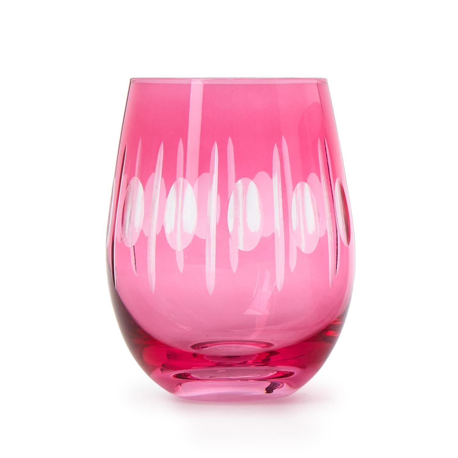 Sparkling Cut Pink Hand Engraved Stemless Wine Glasses, Set of 4