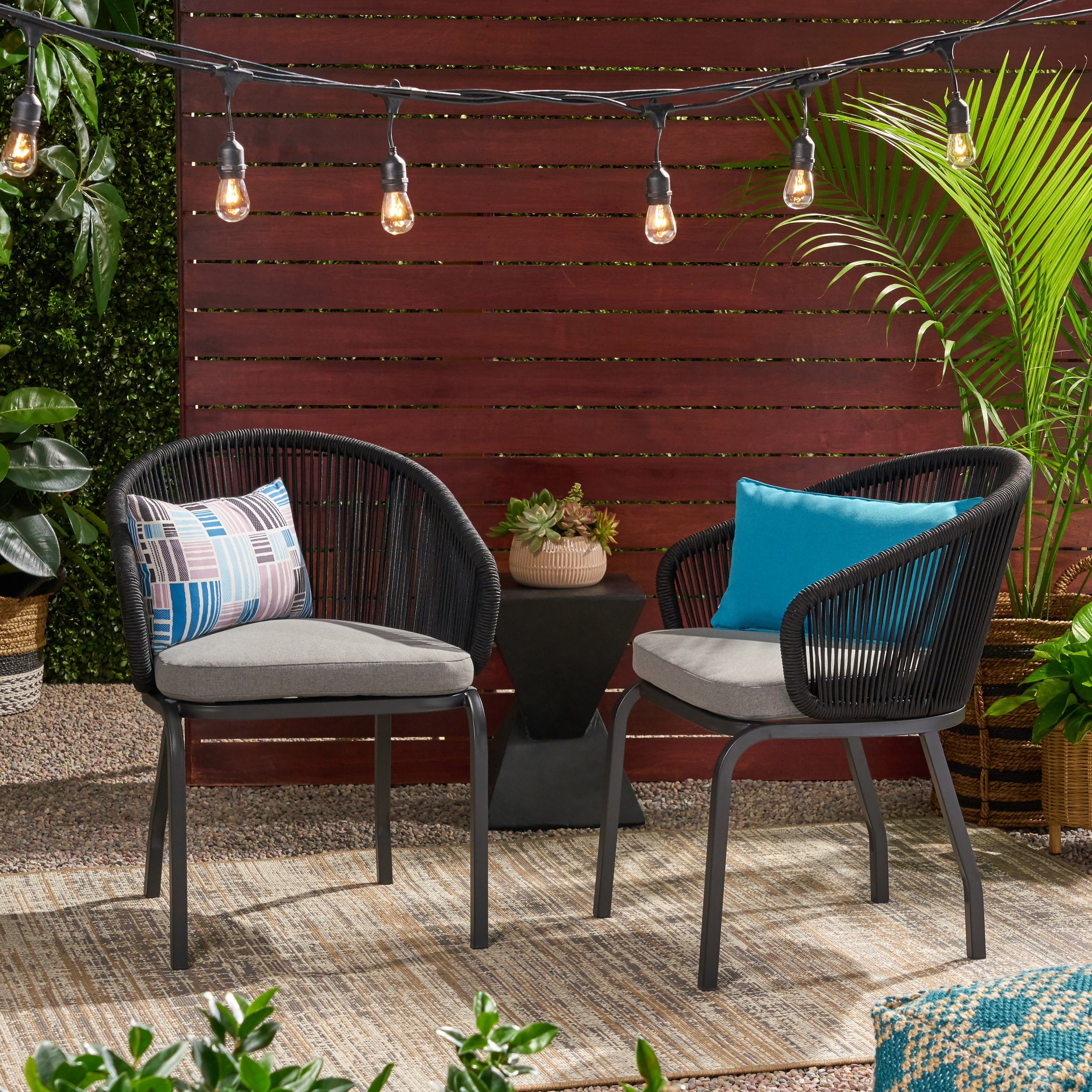 Outdoor Accent Chair with Rope Weave and Metal Frame, Set of 2