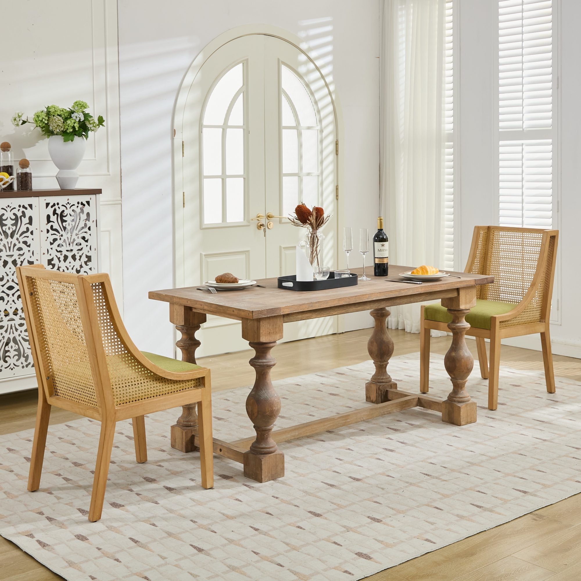 Linen Upholstered Rattan Dining Chair with Decorative Armrests