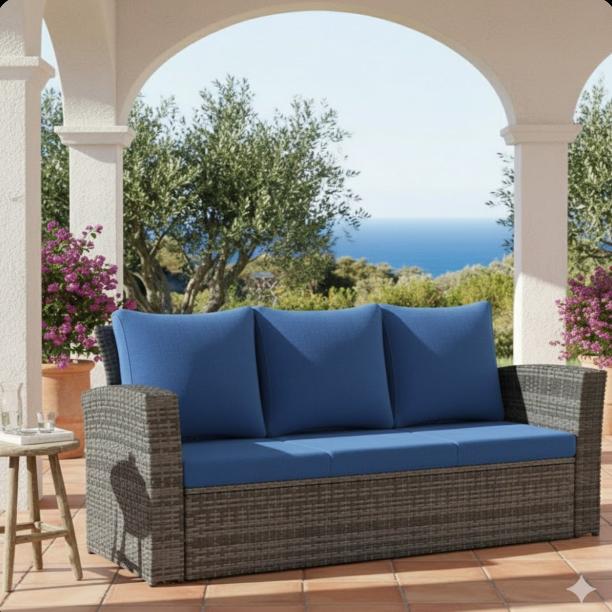 All-Weather Wicker 3-Seat Patio Sofa with Thick Gray Cushions & Black Iron Frame, 67.7'