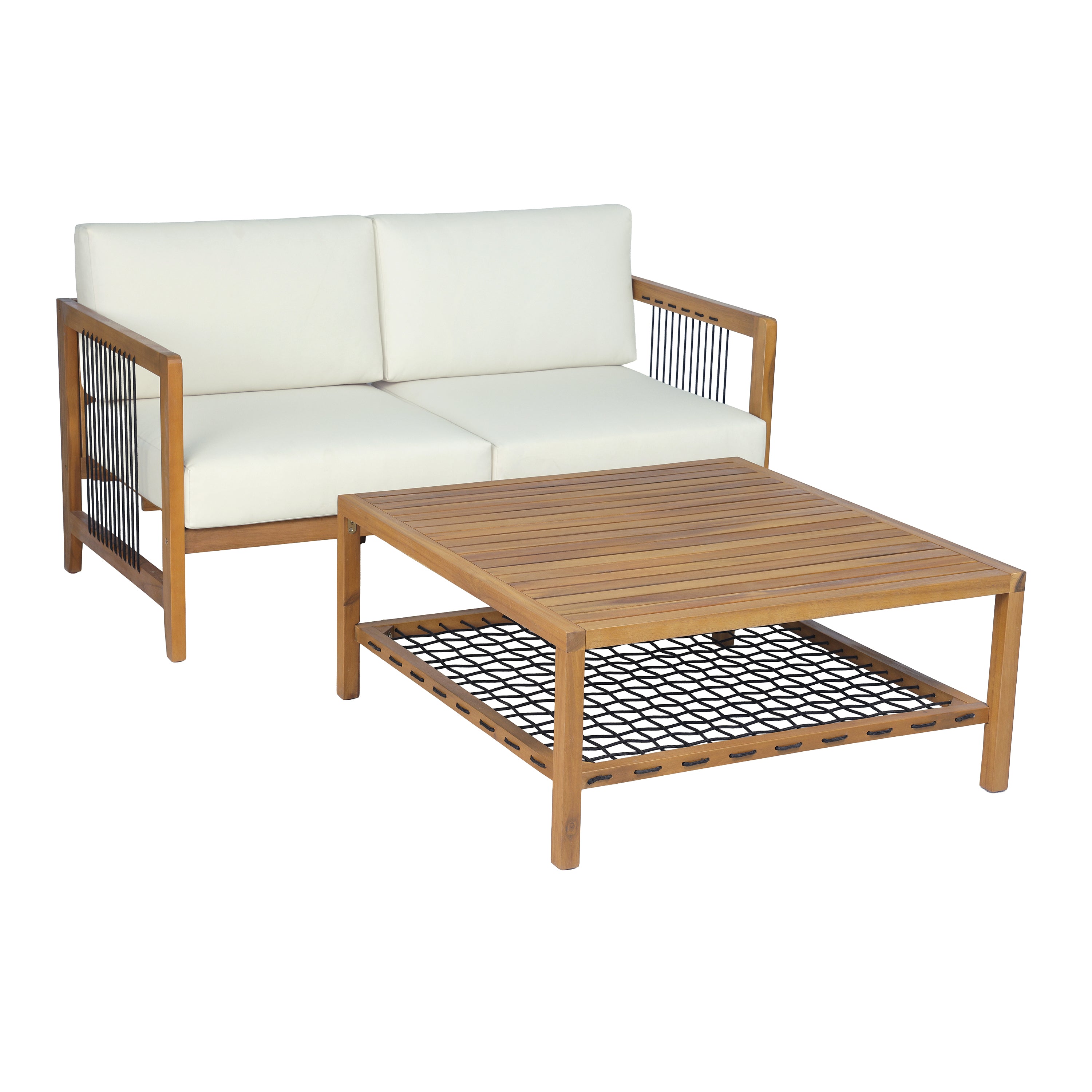 Sierra 2-Piece Acacia Wood Outdoor Loveseat with Coffee Table with Handwoven Rope & Cushions