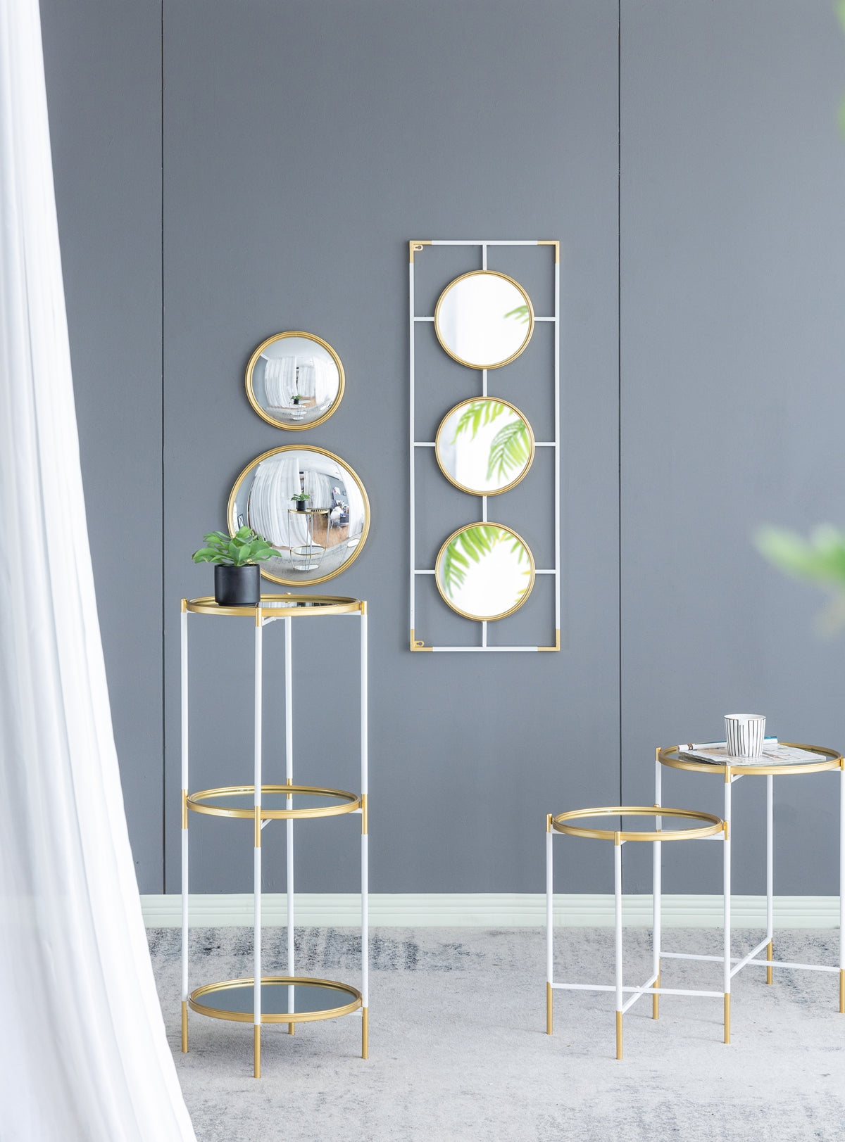 Set of 2 Mirrored Top Side Tables - Gold and White