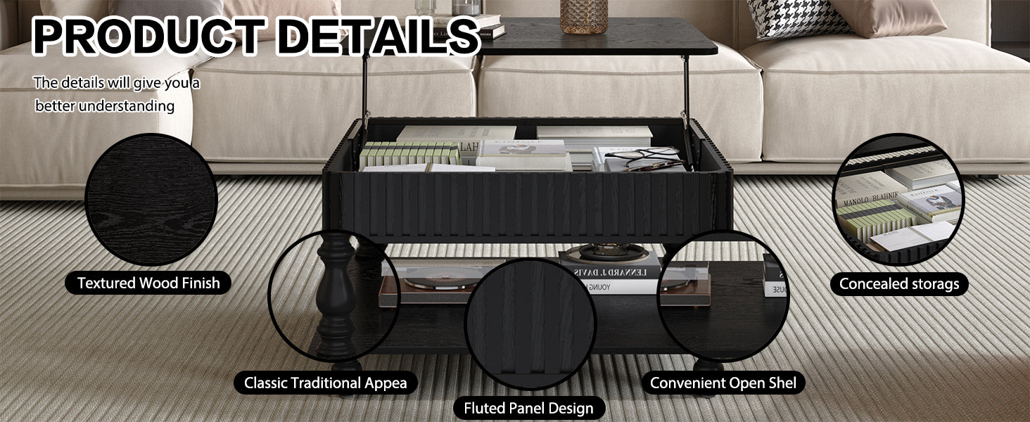 Square Fluted Lift-Top Coffee Table with Hidden & Open Storage