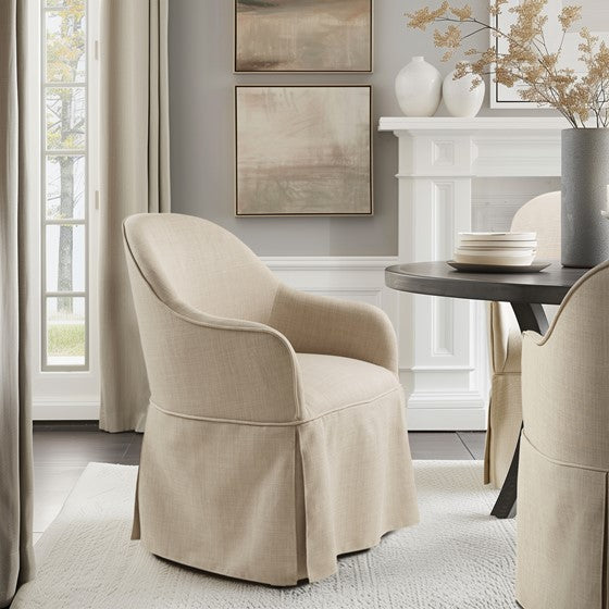 Upholstered Dining Chair with Casters and Sloped Arms