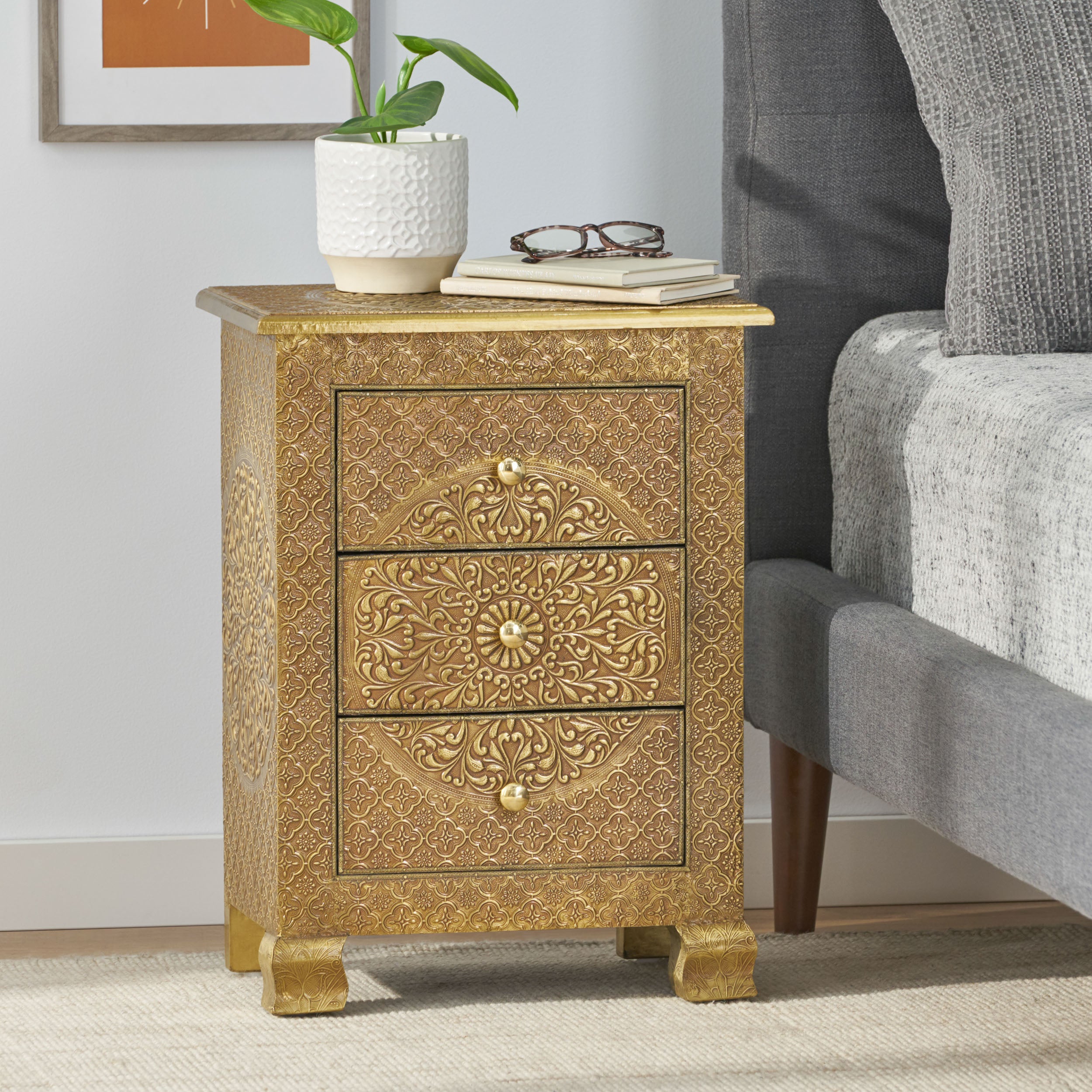 Brass Metal Clad 3-Drawer Nightstand