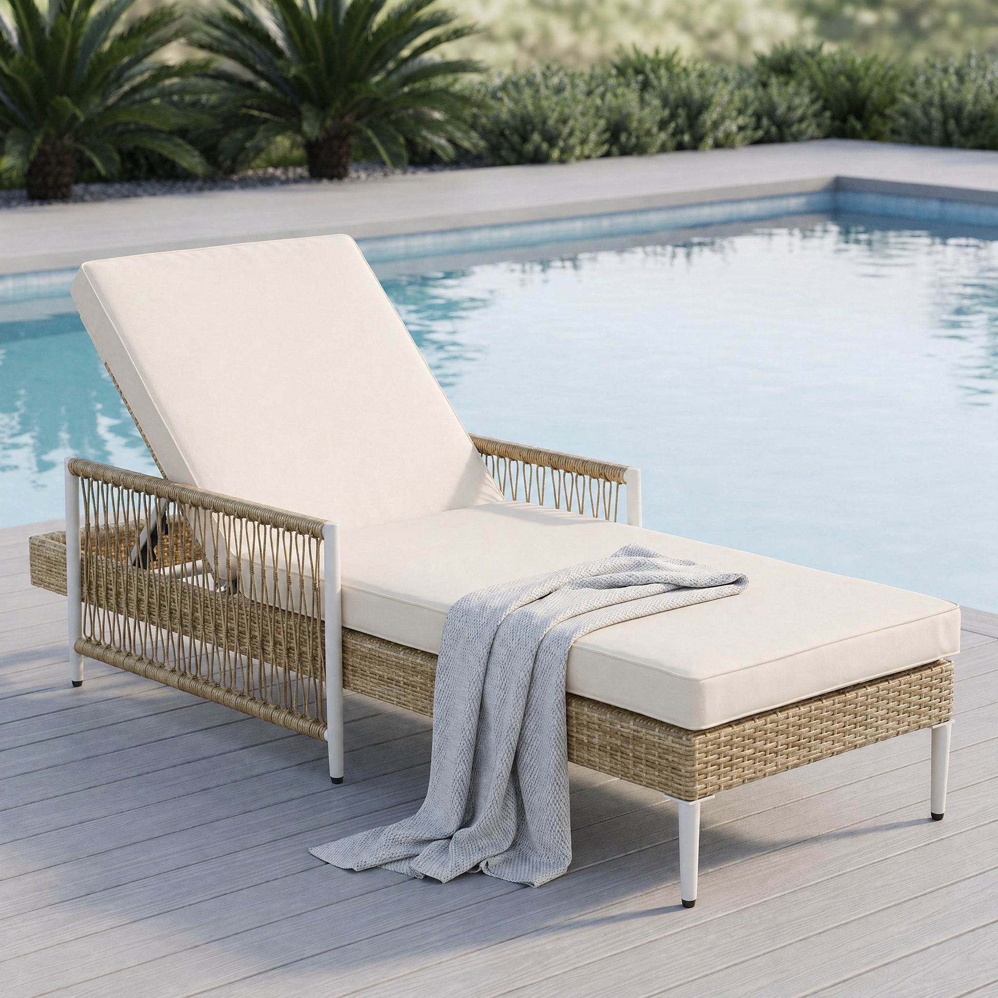 Outdoor All-Weather PE Rattan Chaise Lounge with 6 Gear Adjustable Recliner, Arms and Cushion
