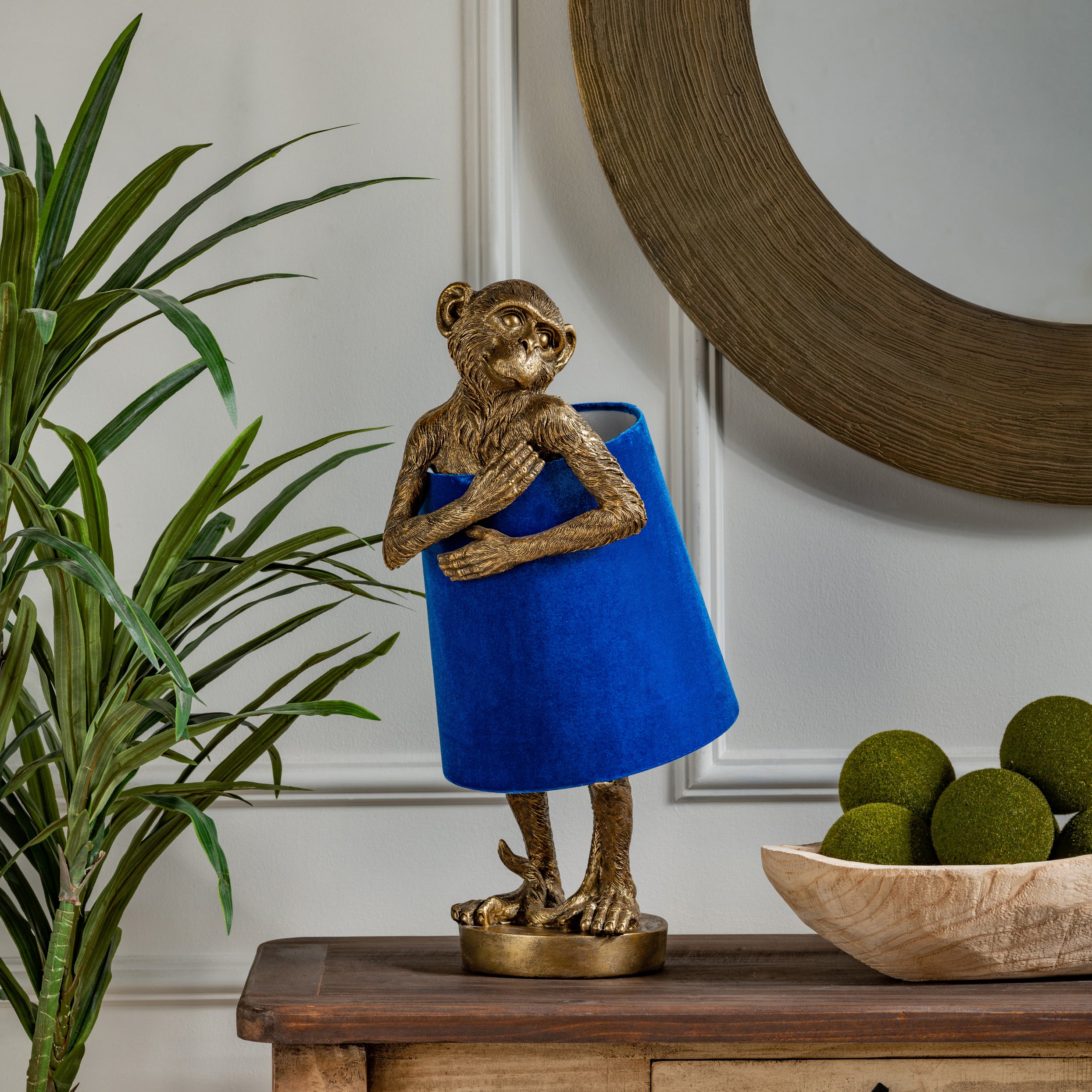 Gold Monkey Table Lamp With Blue Velvet Shade