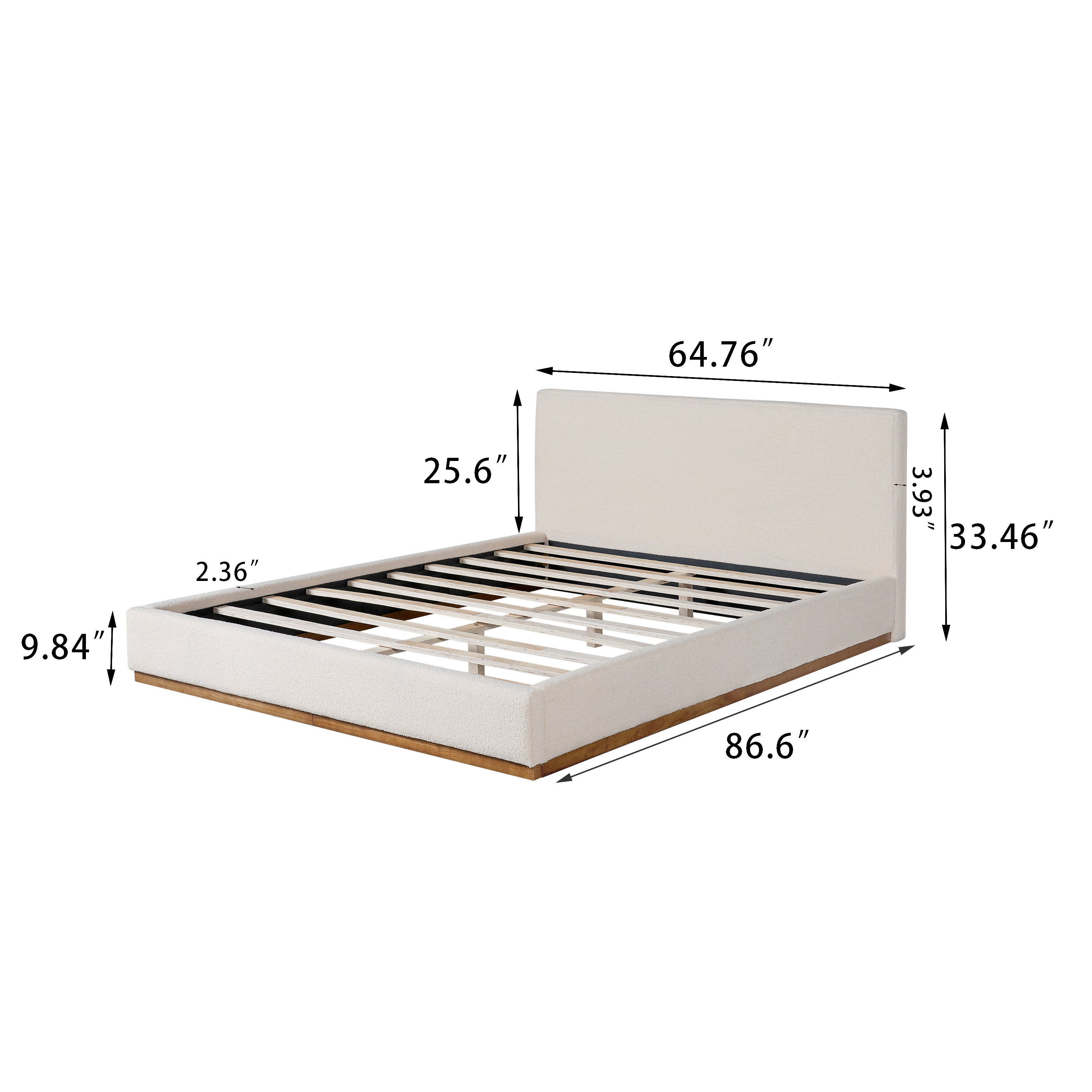 Elegant White Fabric Upholstered Bed With Nice Wood Grain Textured Solid Wood Base Frame
