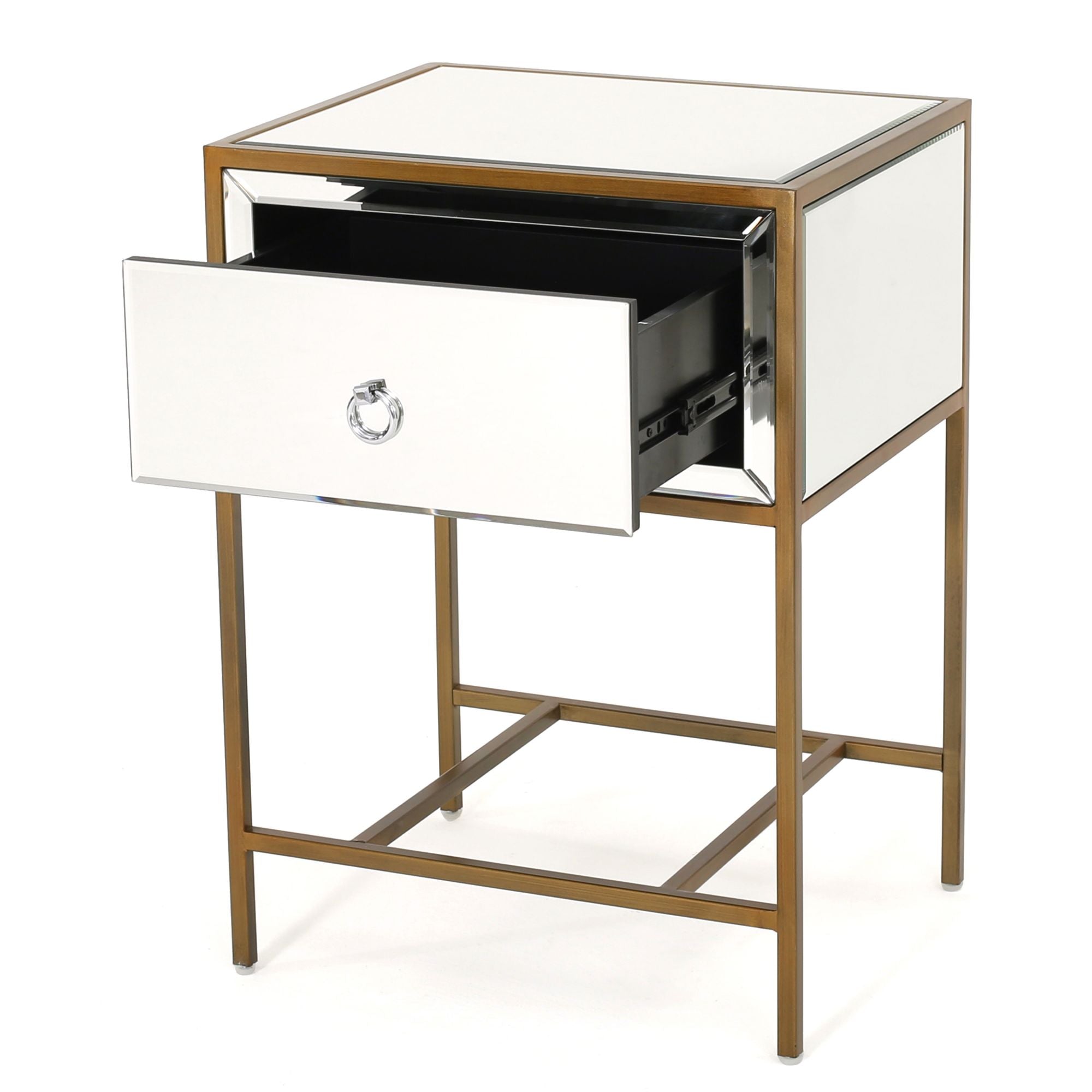 Mirror Side Table with Drawer and Metal Frame