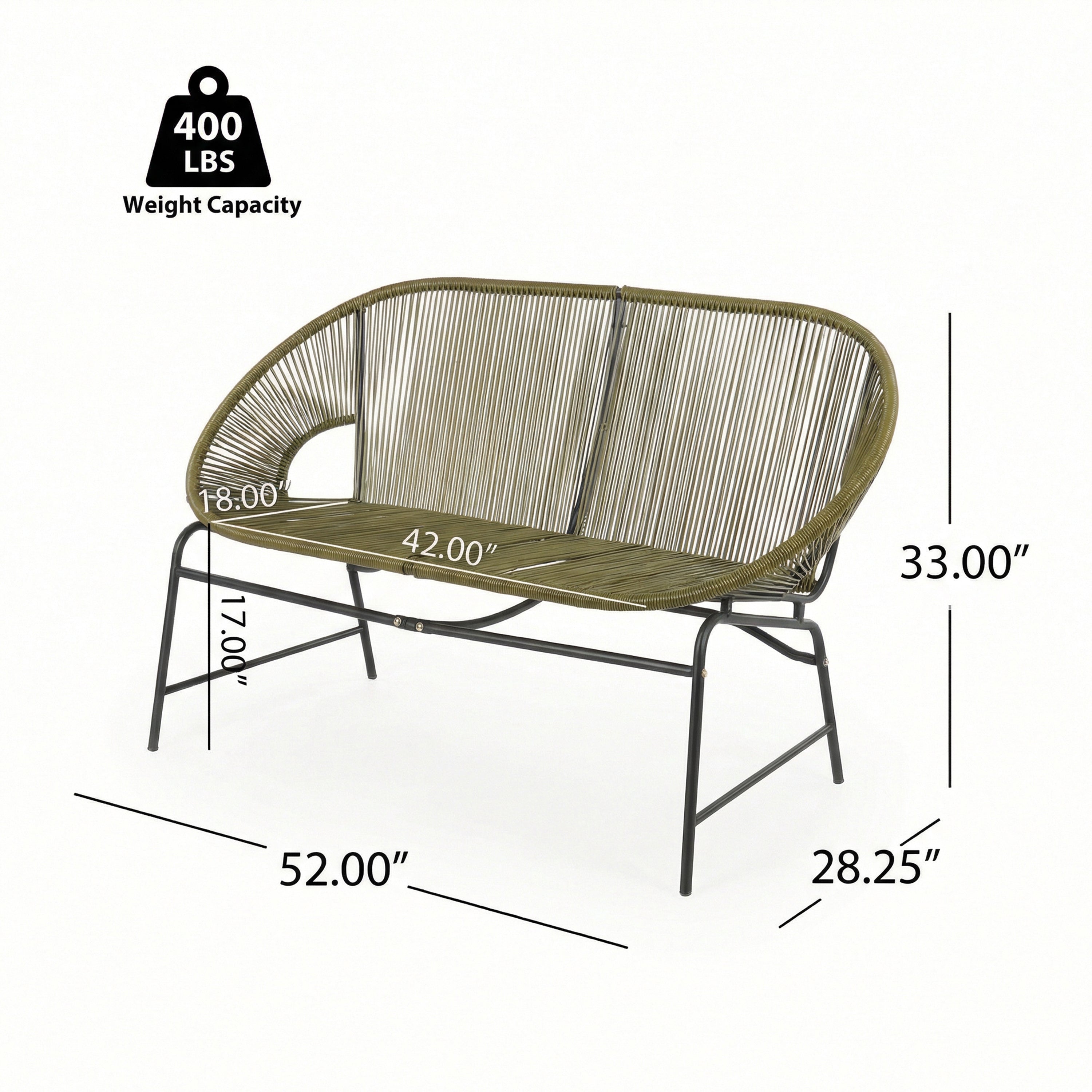CONDESSA OUTDOOR PATIO WICKER LOVE SEAT, GREEN PE RATTAN & IRON FRAME, SET OF 1