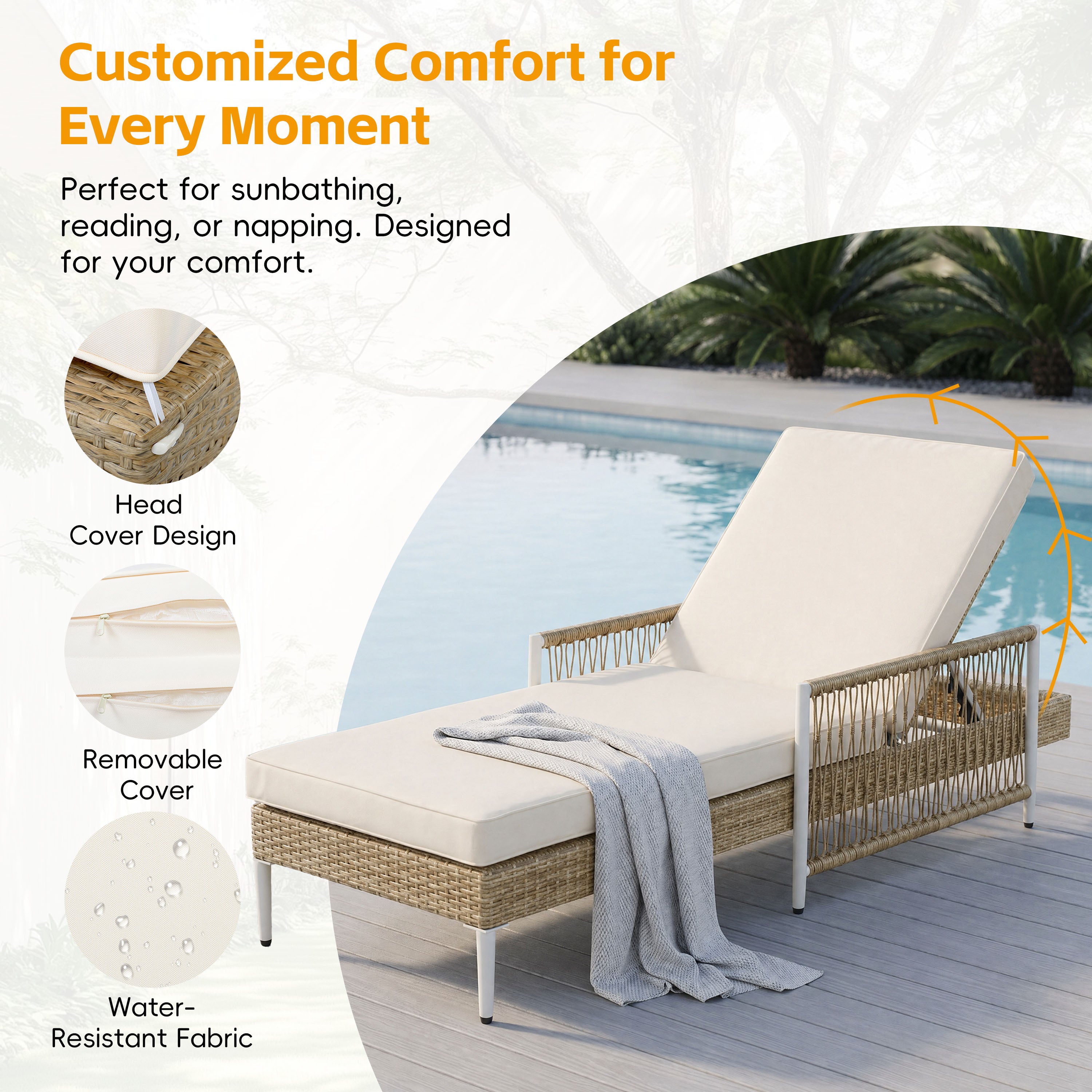 Outdoor All-Weather PE Rattan Chaise Lounge with 6 Gear Adjustable Recliner, Arms and Cushion