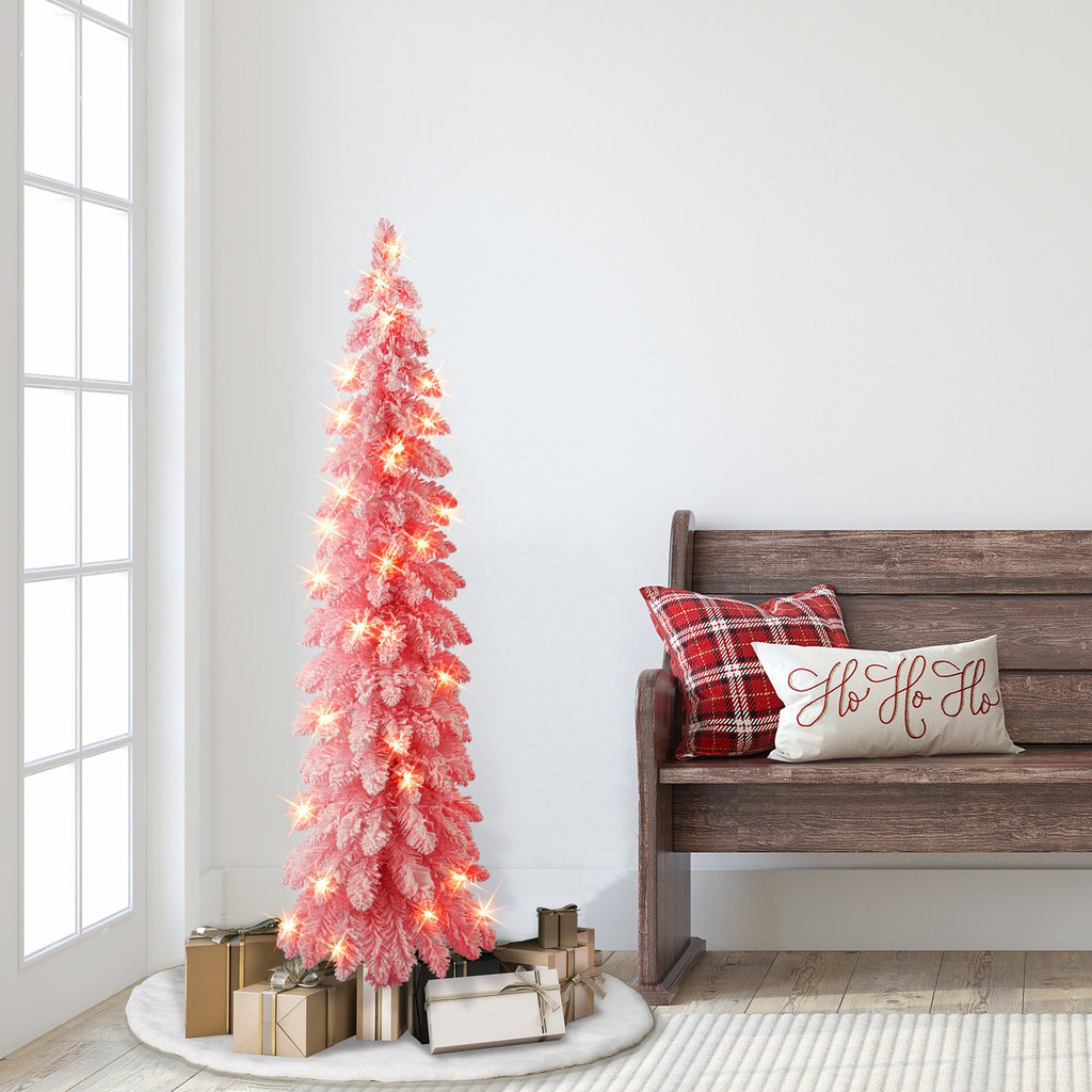 4 ft Pre-lit Pink Flocked Alpine Pencil Tree with Clear Lights & Metal stand