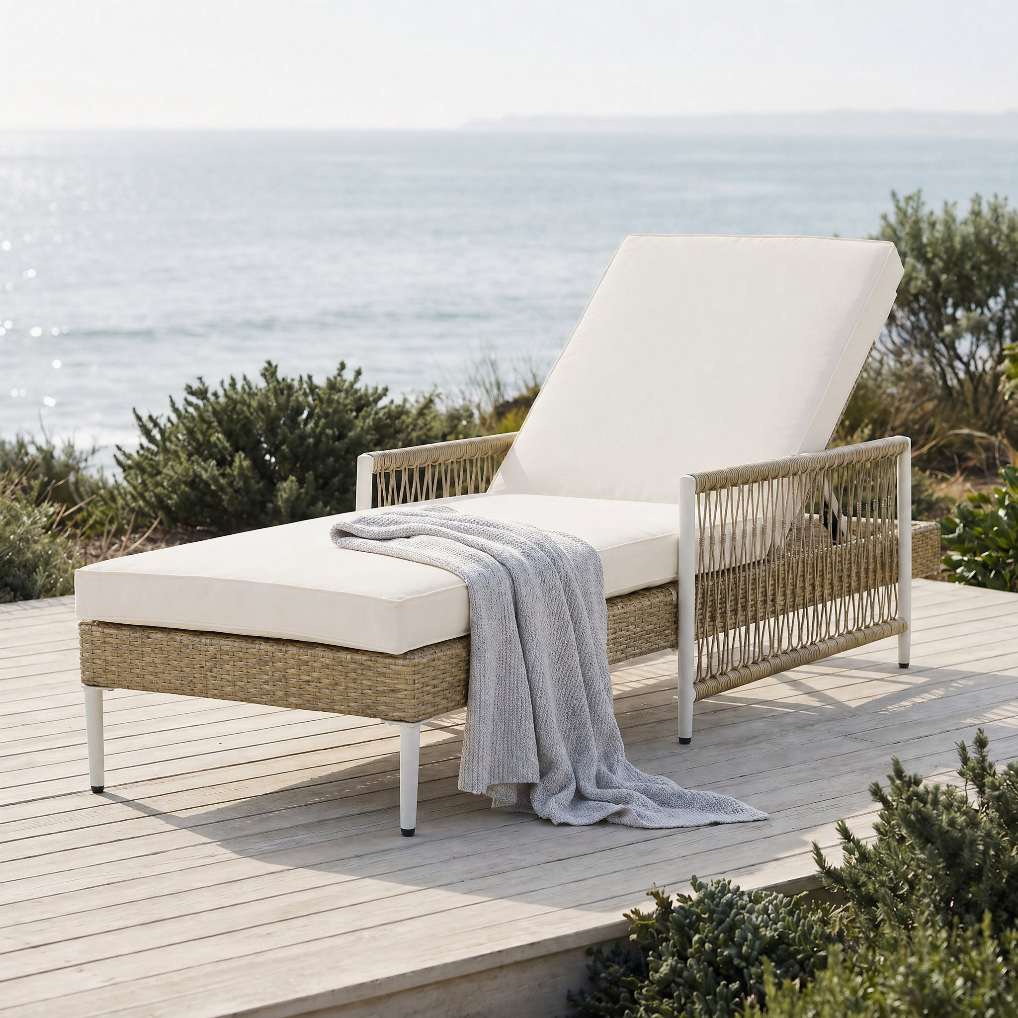 Outdoor All-Weather PE Rattan Chaise Lounge with 6 Gear Adjustable Recliner, Arms and Cushion