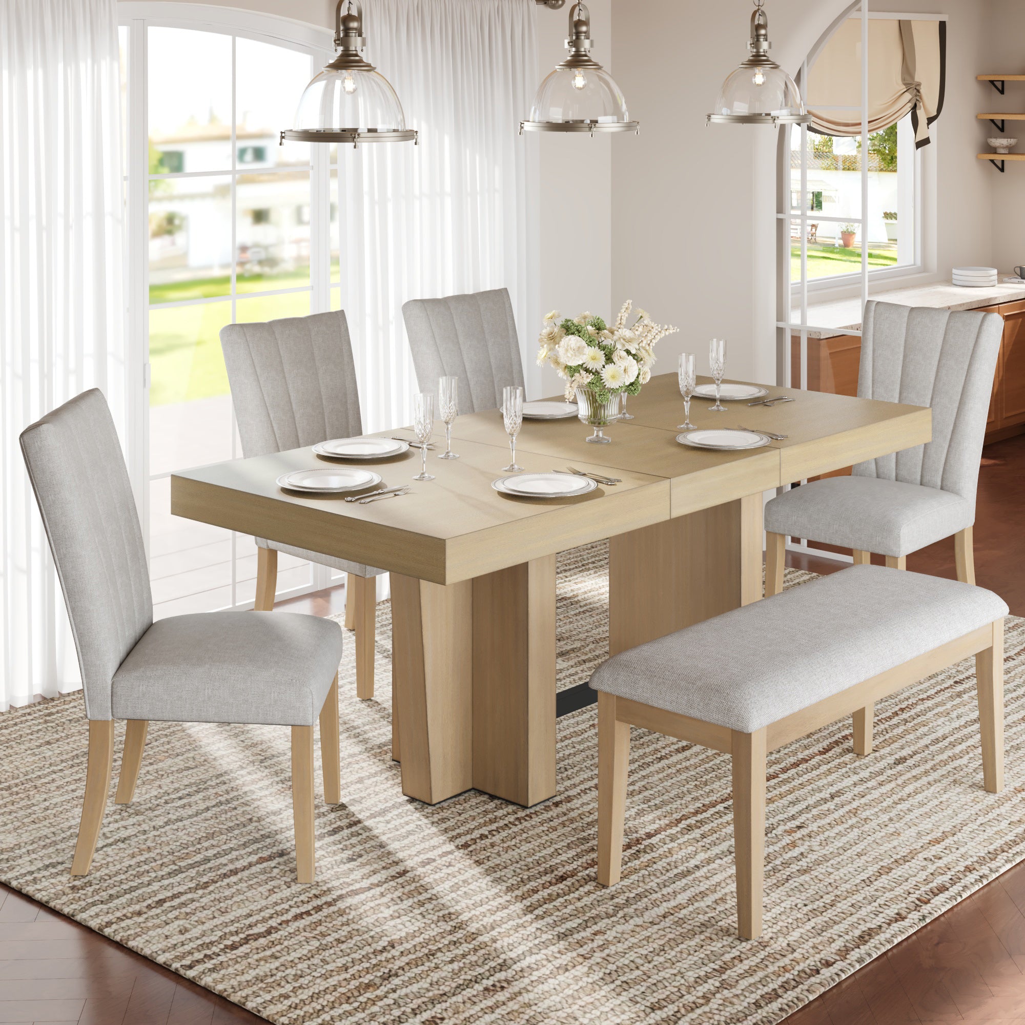 Meadowlark Farmhouse Extendable Wood Dining Table with 4 Upholstered Chairs & Bench