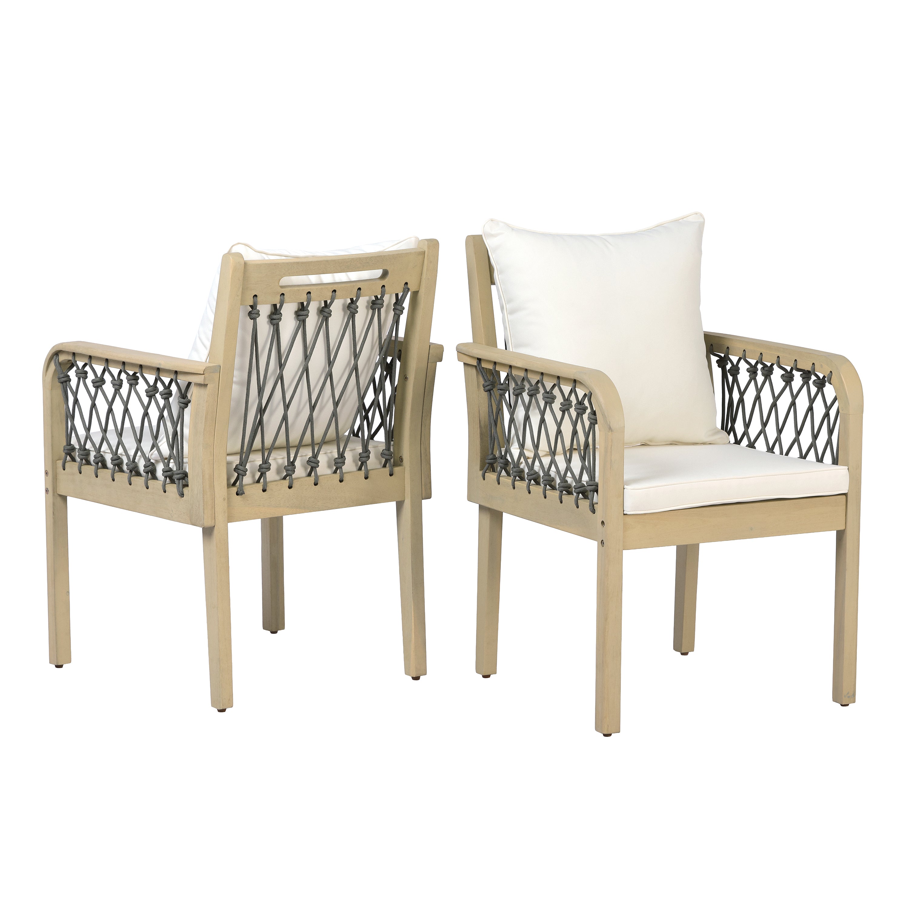 Outdoor Patio Acacia Wood Chairs With Woven Rope Arms(Set of 2), Weather-Resistant Cushions,Light teak+Dark grey rope+Cream beige cushion