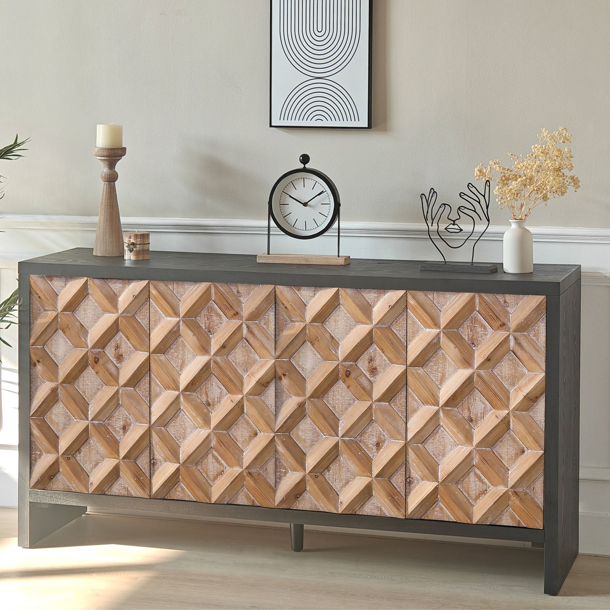 4-Door Wood Cabinet with Geometric Pattern