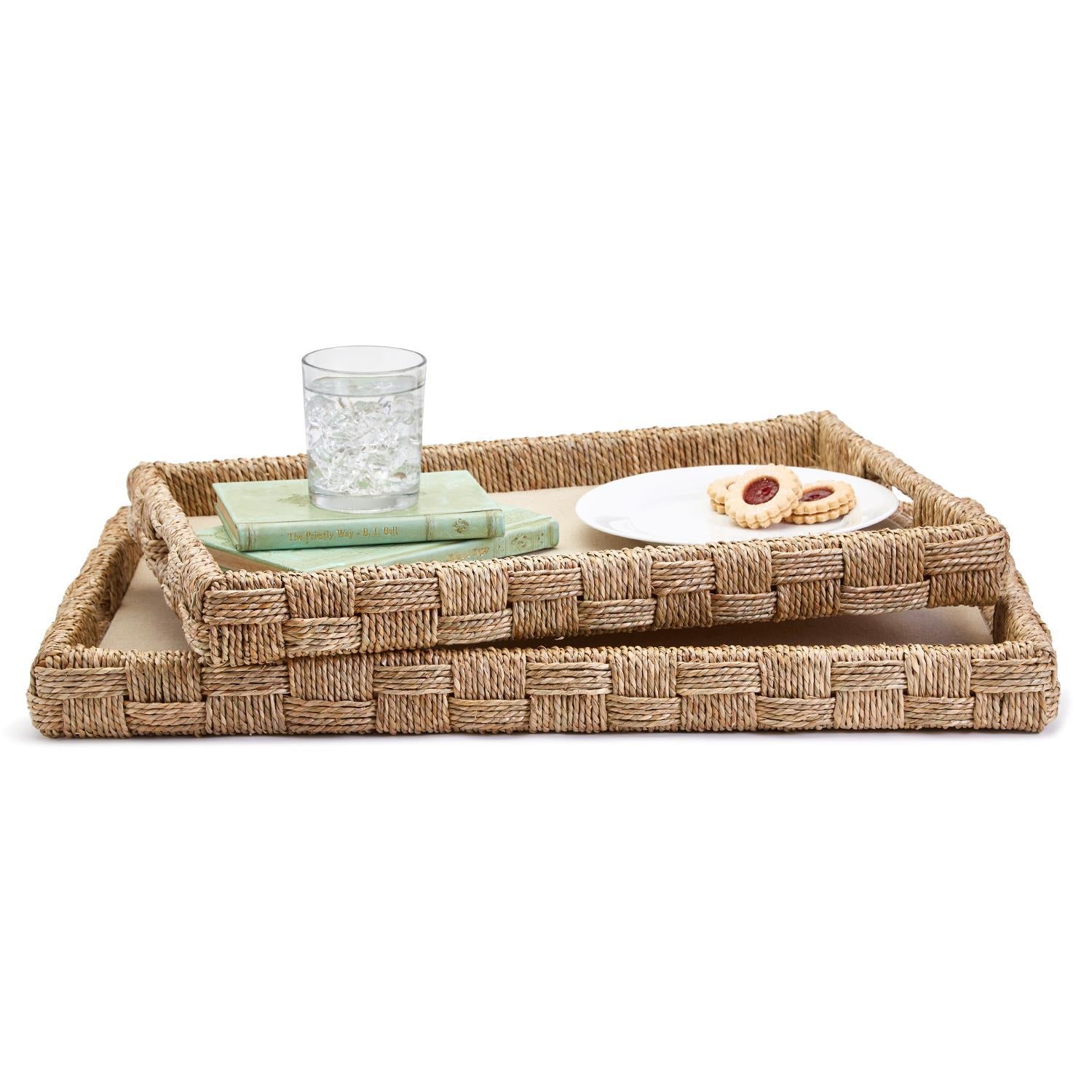 Hand-Crafted Sea Grass and Rattan Oversized Decorative Square Tray, Set of 2