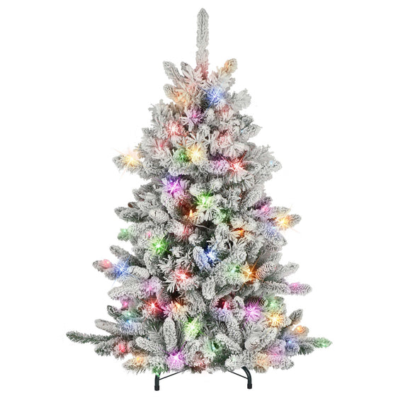 4.5 ft Pre-lit Flocked Bennington Fir Artificial Christmas Tree with Multi-Color Lights & Metal Stand