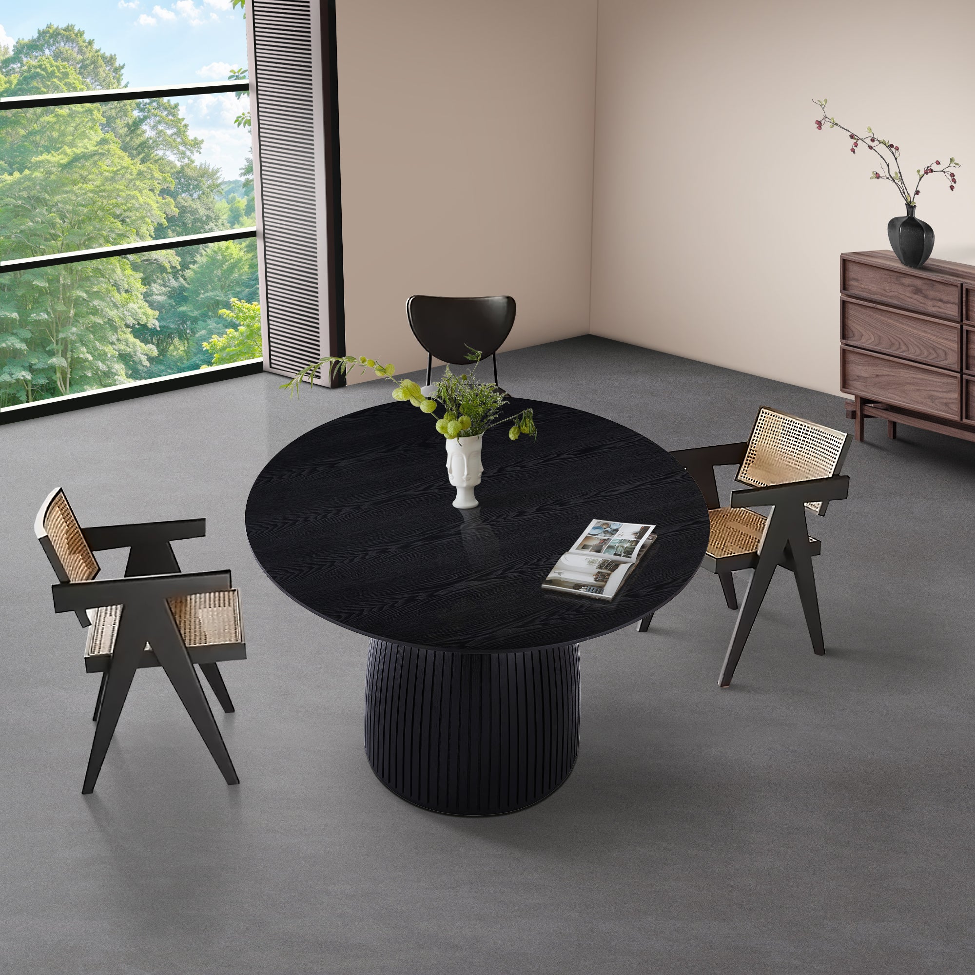 47.24" Round Dining Table with Wood Frame and Wave Pattern Base - Dining Tables