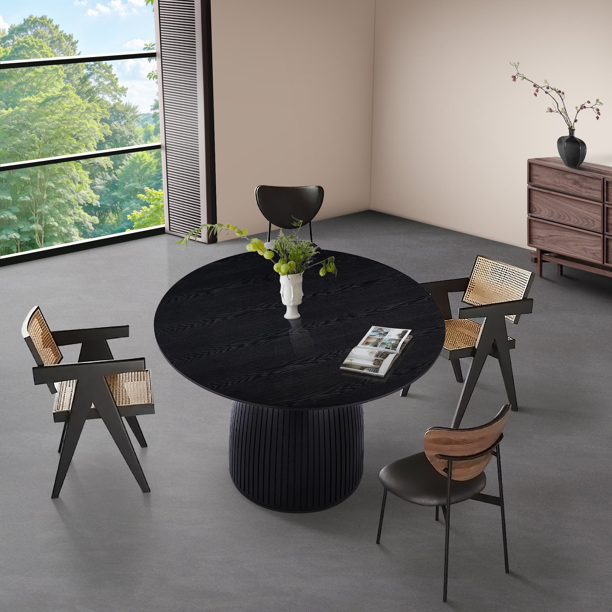47.24" Round Dining Table with Wood Frame and Wave Pattern Base - Dining Tables
