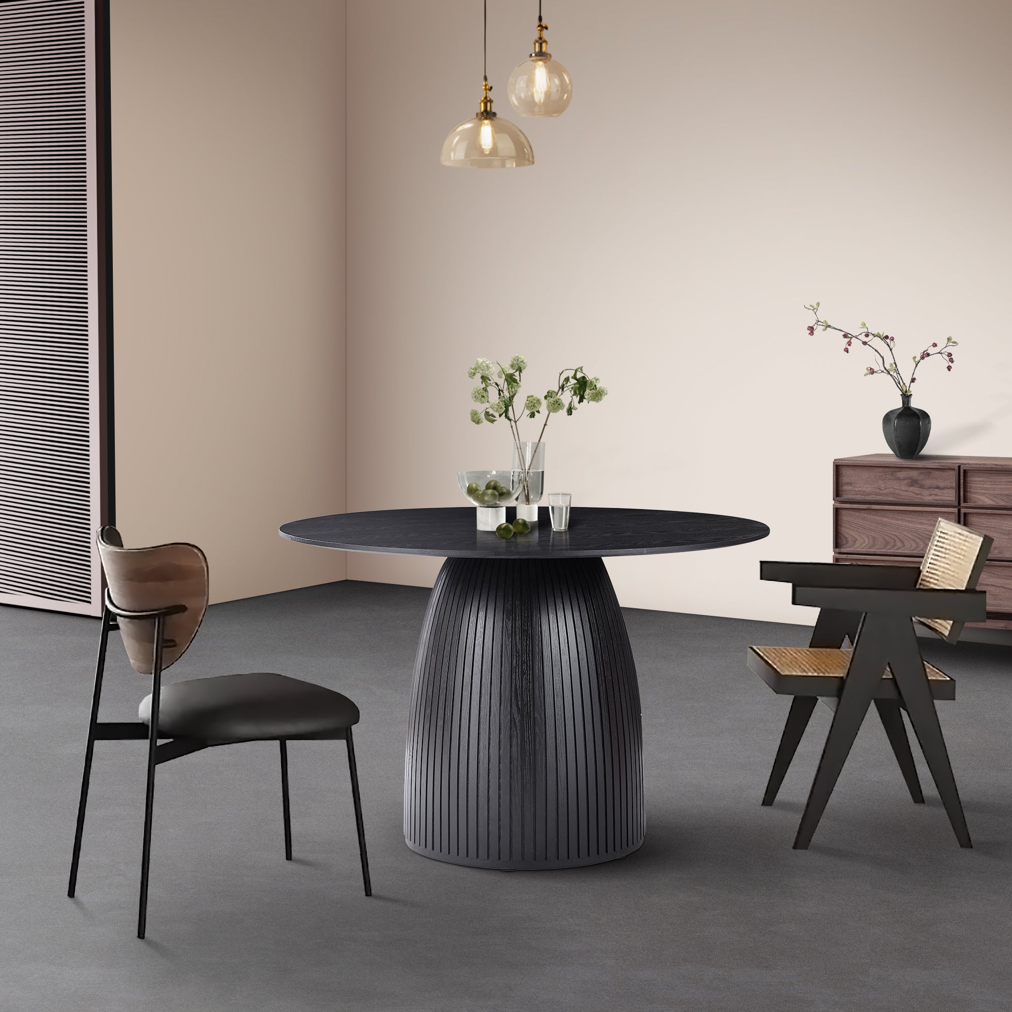 47.24" Round Dining Table with Wood Frame and Wave Pattern Base - Dining Tables