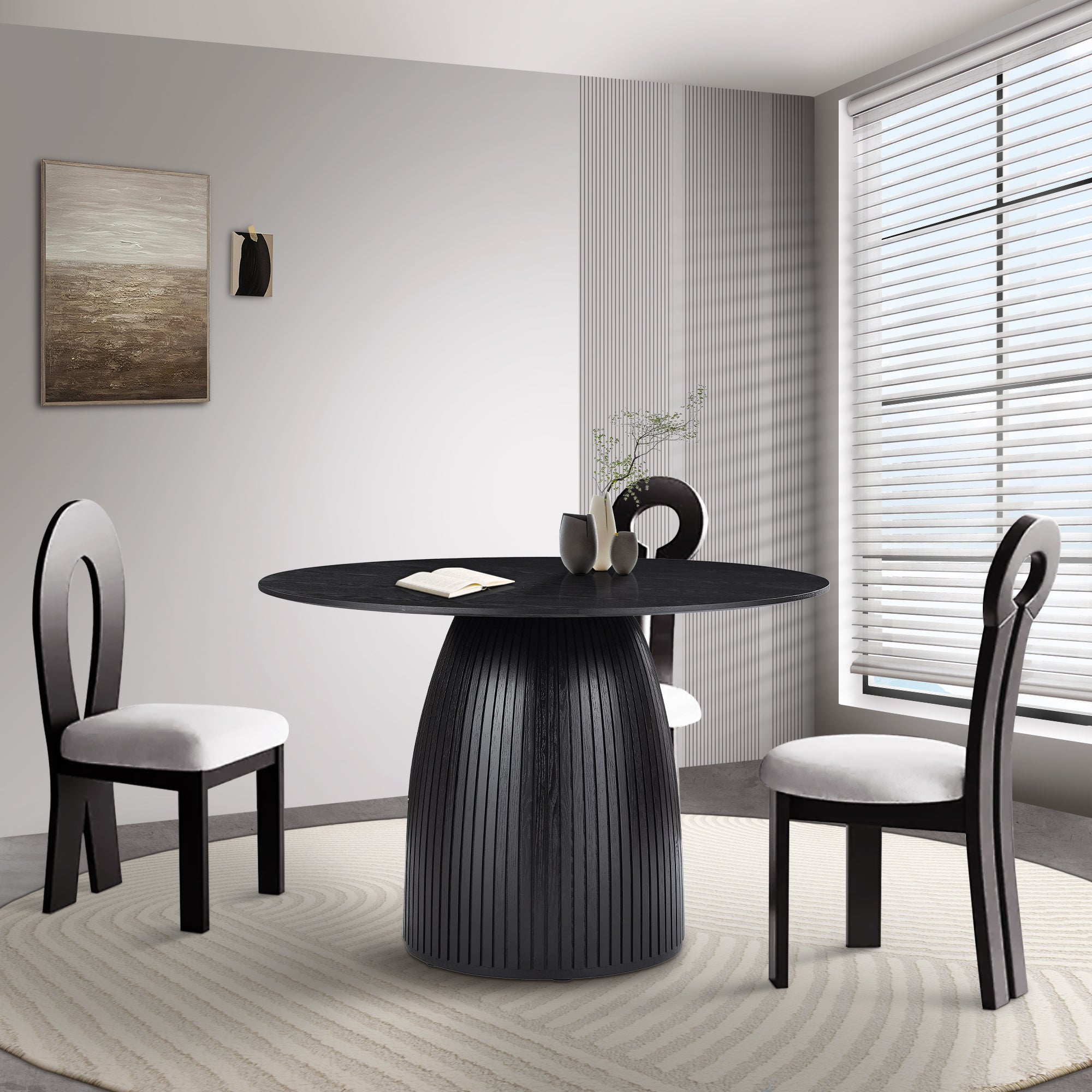 47.24" Round Dining Table with Wood Frame and Wave Pattern Base - Dining Tables