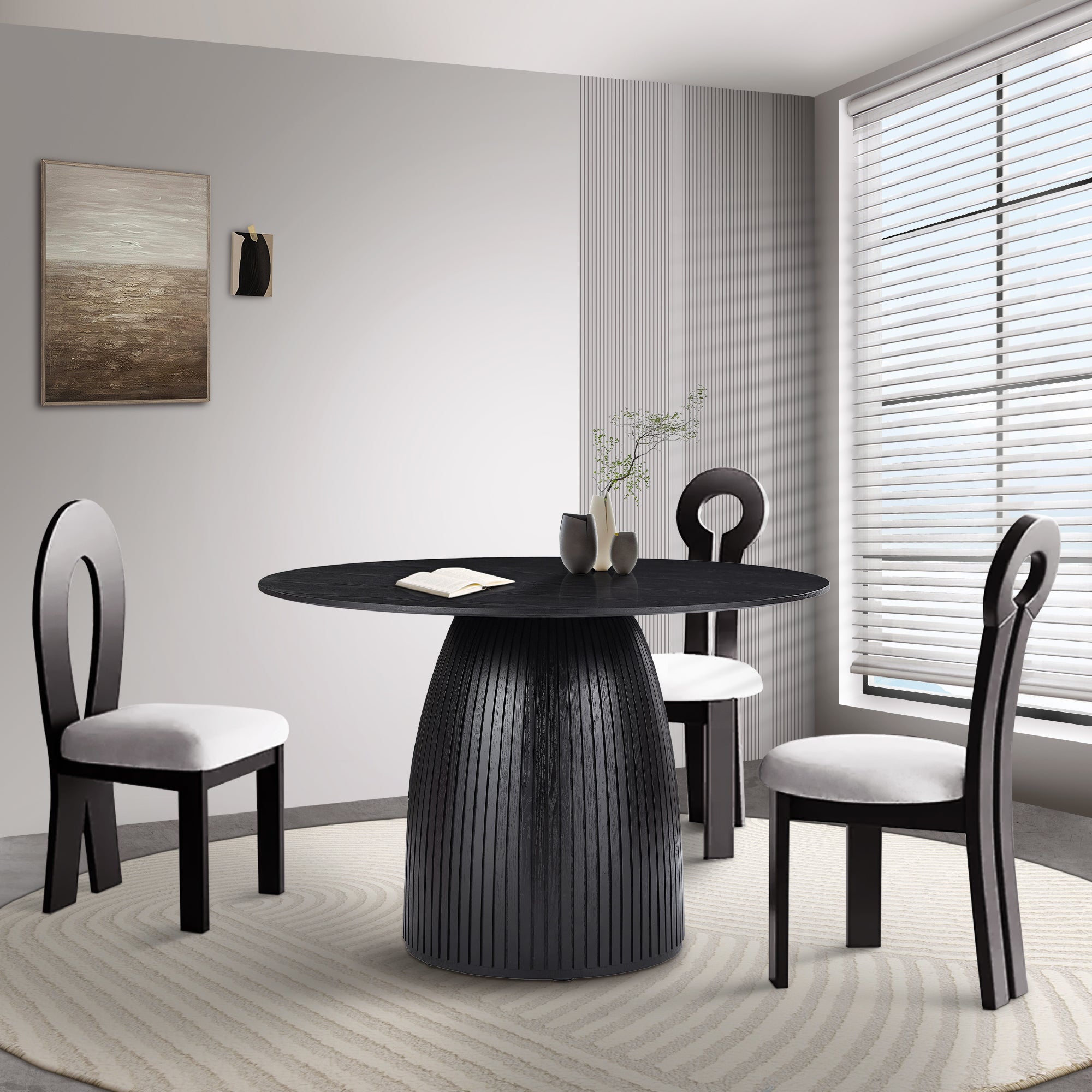 47.24" Round Dining Table with Wood Frame and Wave Pattern Base - Dining Tables