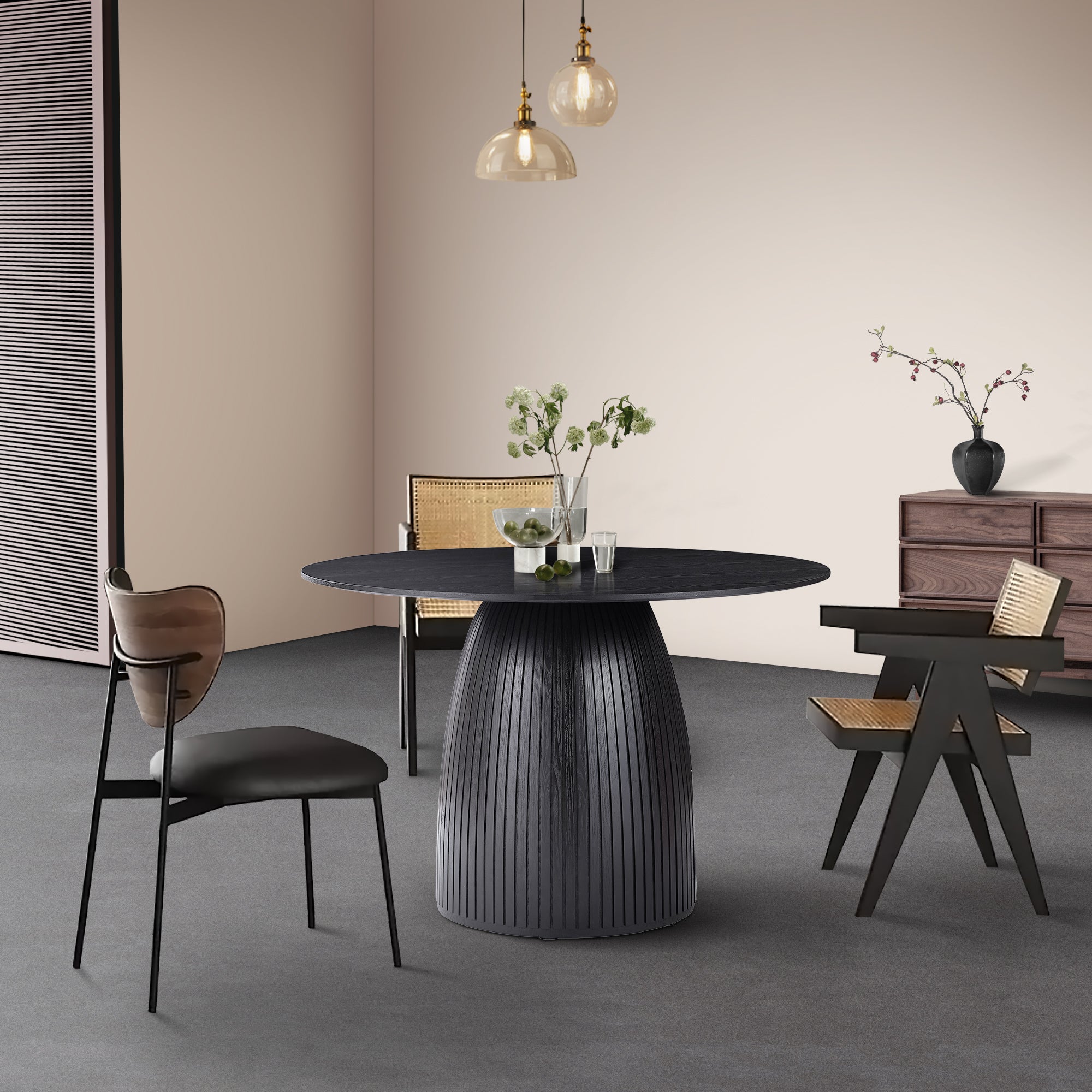47.24" Round Dining Table with Wood Frame and Wave Pattern Base - Dining Tables