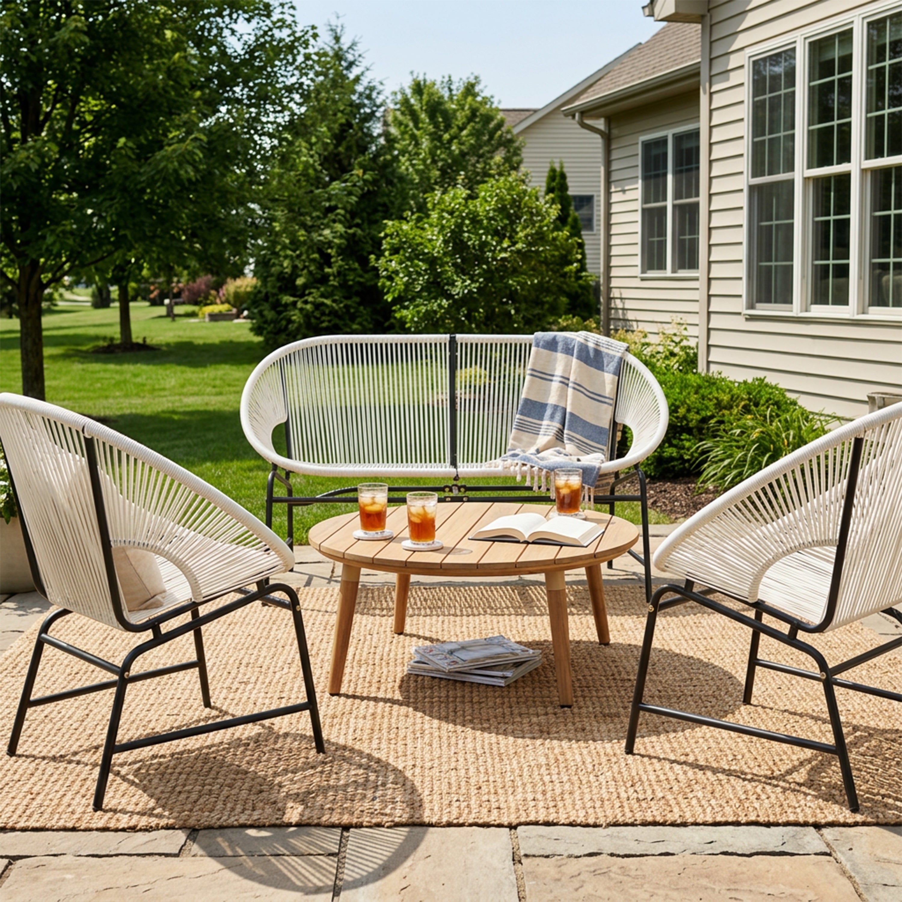 NUSA OUTDOOR PATIO 4-PCS CHAT SET, TEAL PE RATTAN & IRON FRAM FURNITURE, ACACIA WOOD TABLE