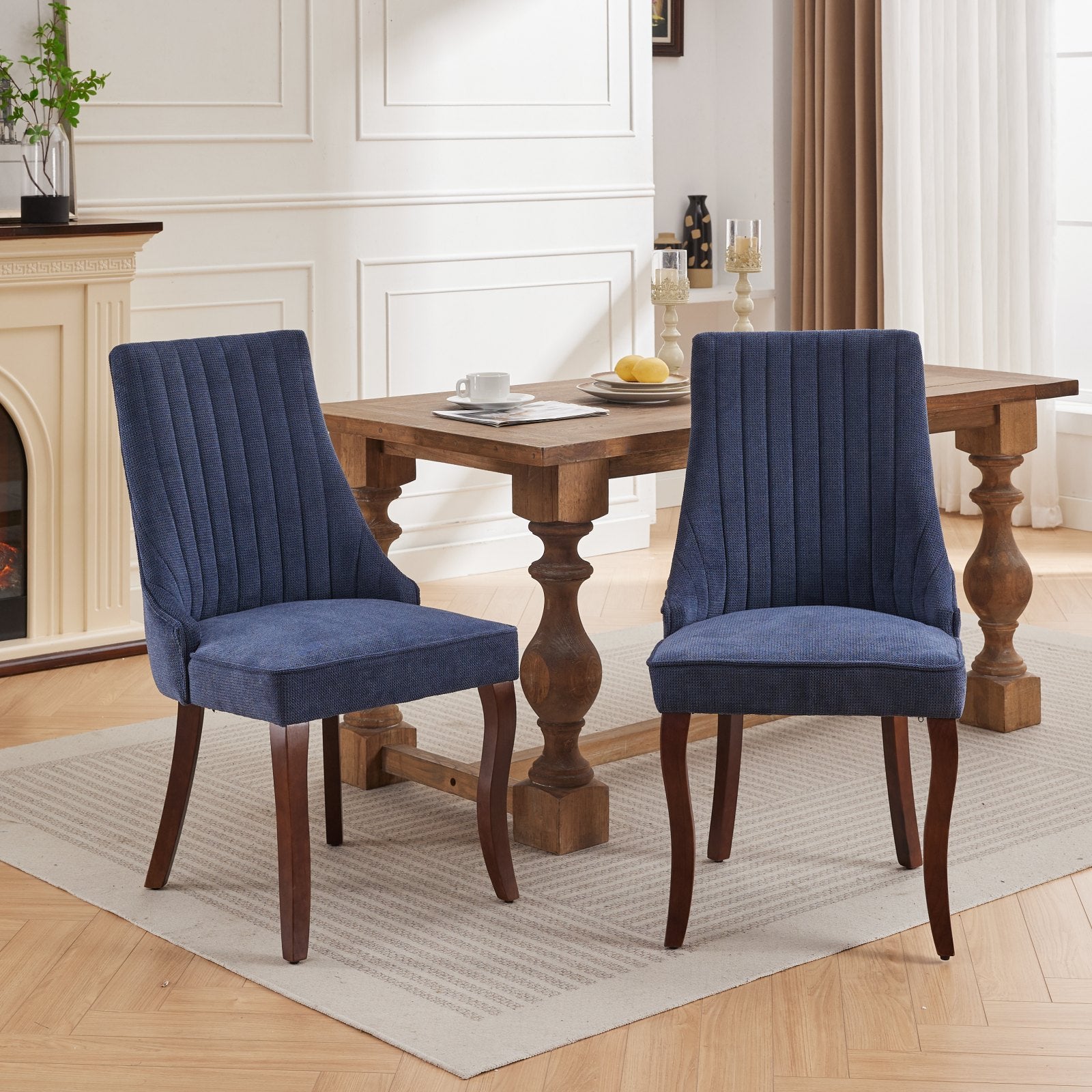 Rayon Cloth Flocking Linen Dining Chairs Channel Kitchen Dinner Chair Comfy Fabric Upholstered Accent Chair for Dining Room with Curved Solid Wood Legs,Set of 2 (Blue), SW1847BL