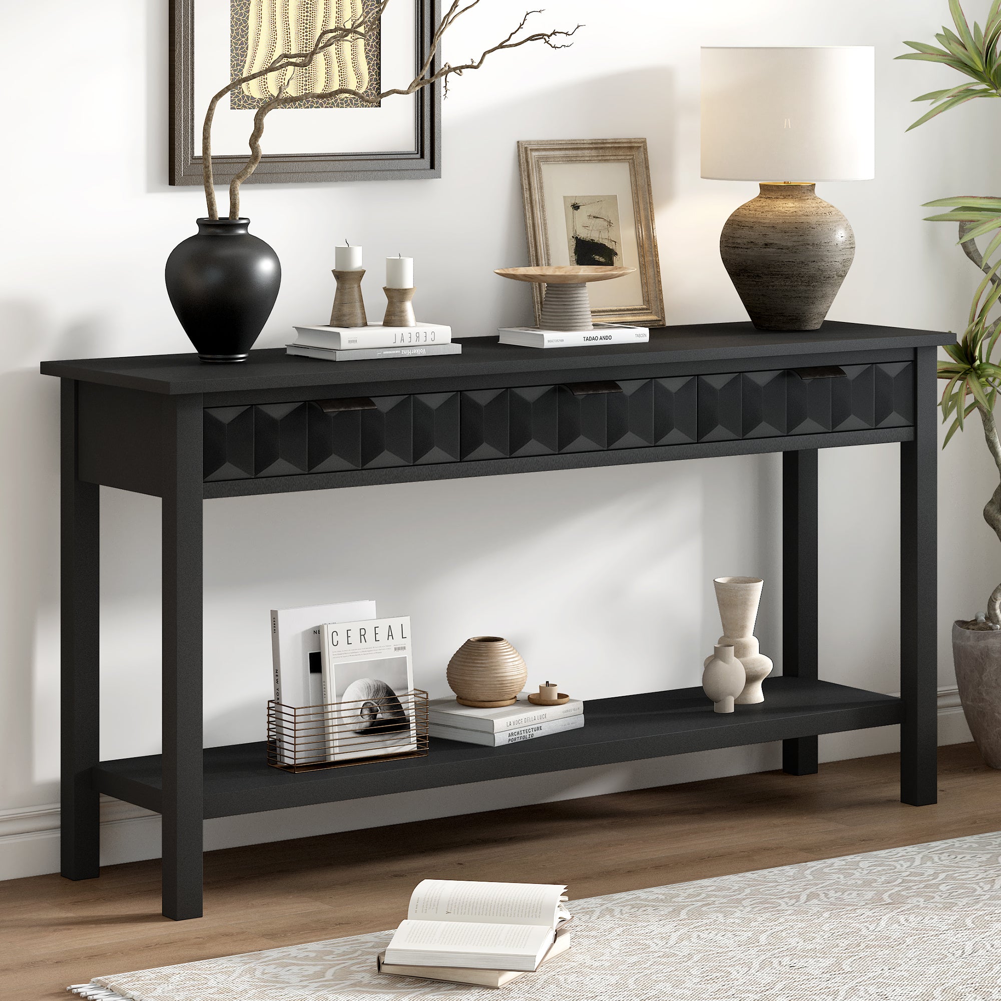 Honeycomb Pattern Console Table with 3 Drawers