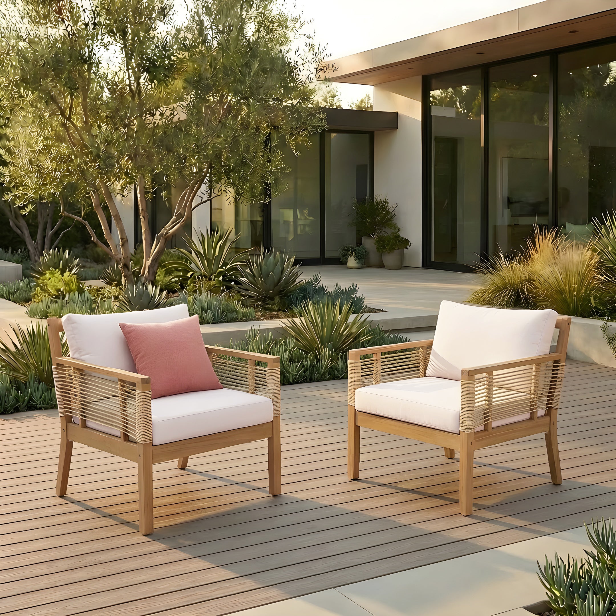 Kirana Outdoor Acacia Wood Club Chairs with Hand-Woven Twist Rope, Set of 2