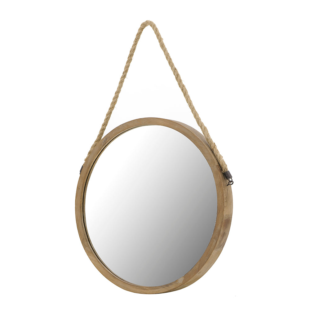 Round Wall Mirror with Jute Handle and Wood Frame