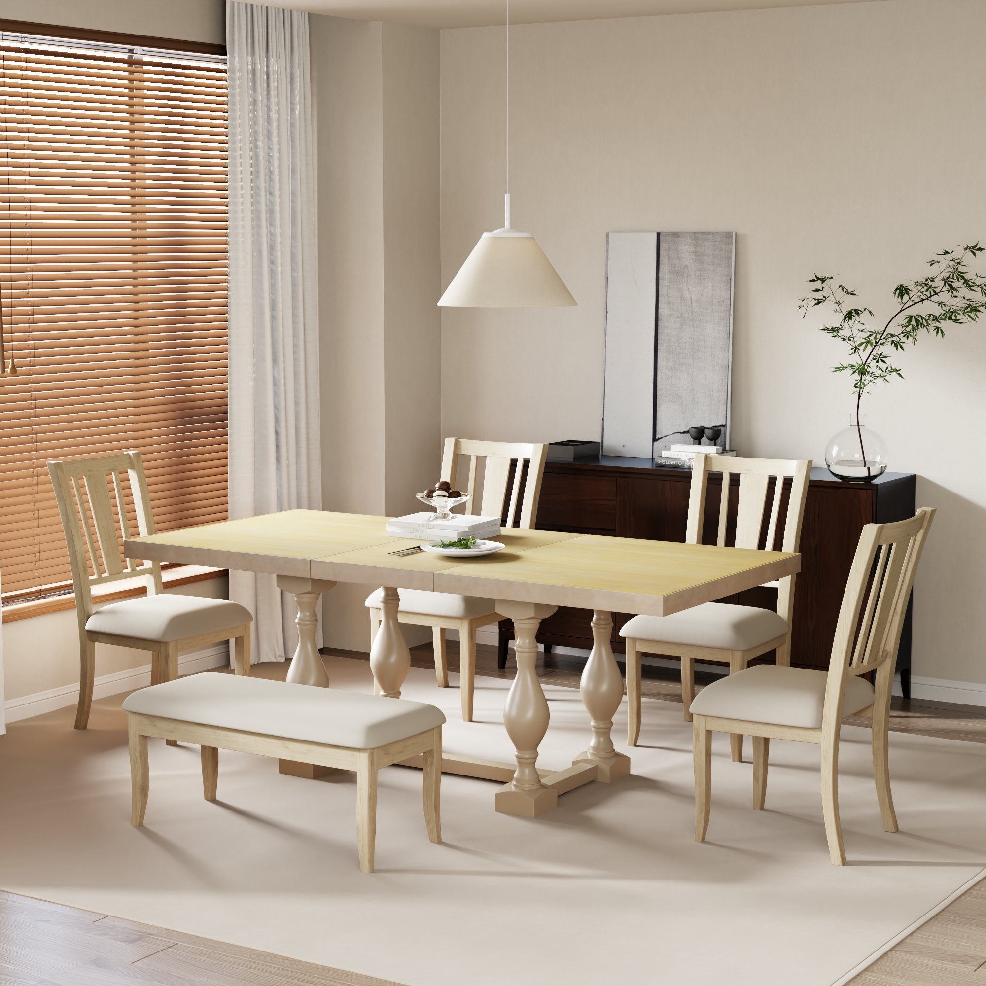 6-Piece Dining Set with Removable Leaf Table and Padded Dining Bench and 4 Chairs
