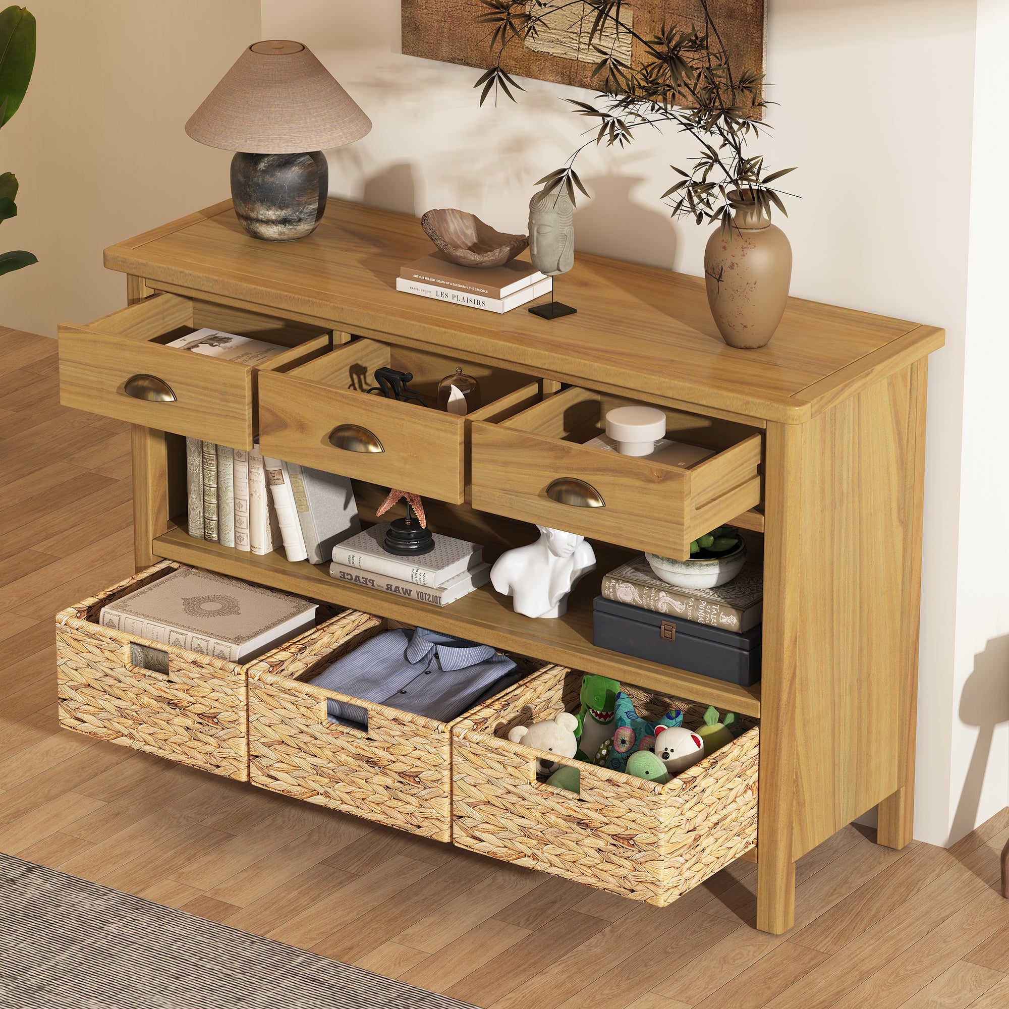 Coronate Console Table with Drawers and Water Hyacinth Woven Baskets