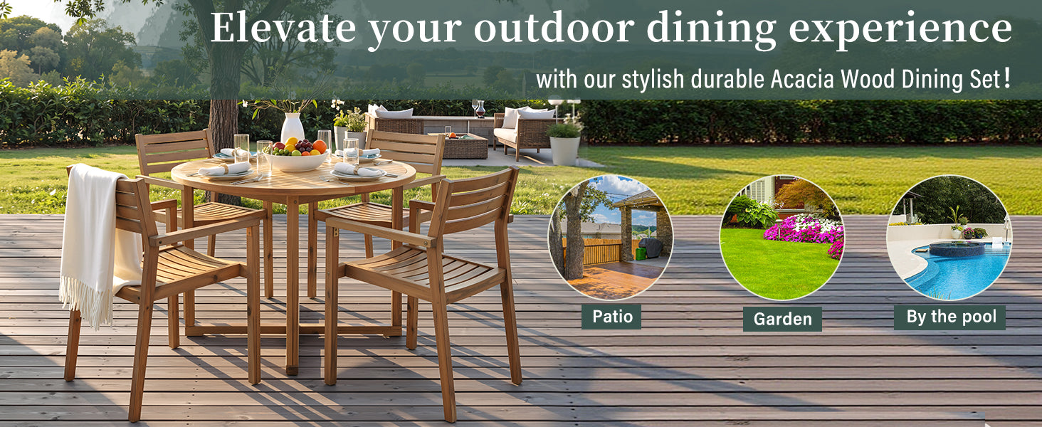 5-Piece Outdoor Dining Set with 4 Acacia Wood Chairs, 47.2" Round Dining Table with Slatted Design
