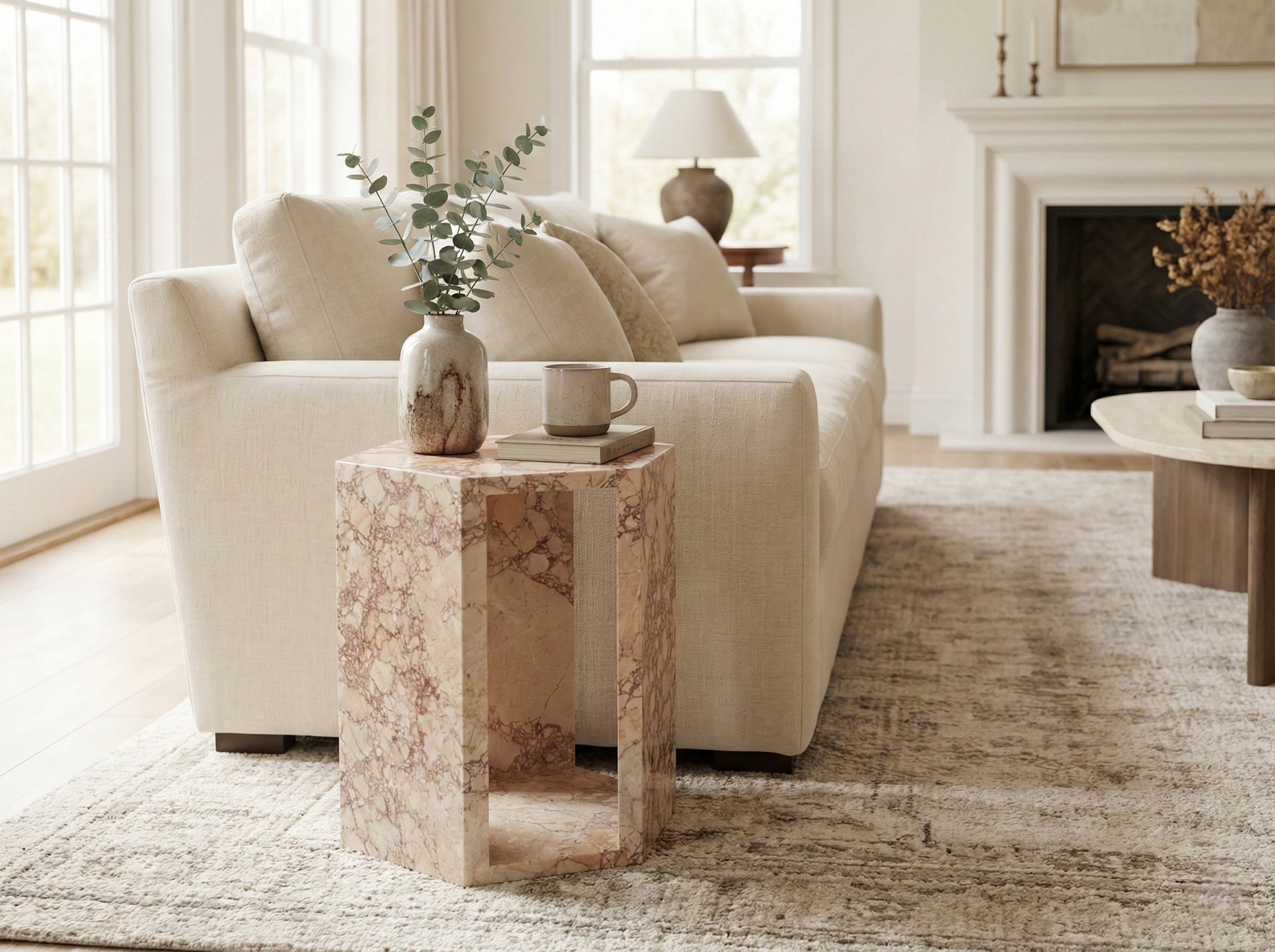 Rose Tea Vein Natural Pink Marble Hexagon Side Table