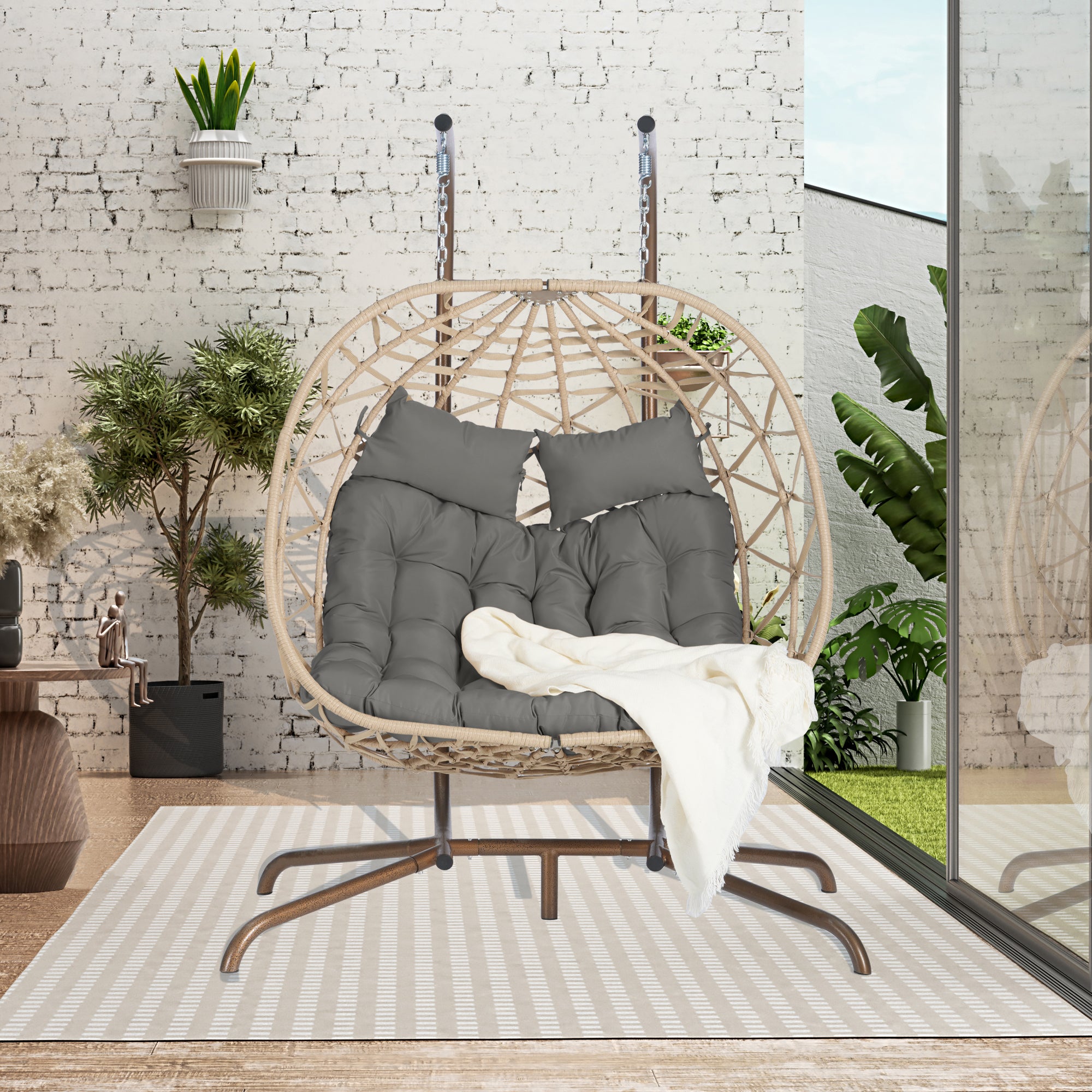 2-Person Outdoor Wicker Rattan Egg Chair with Stand Hanging