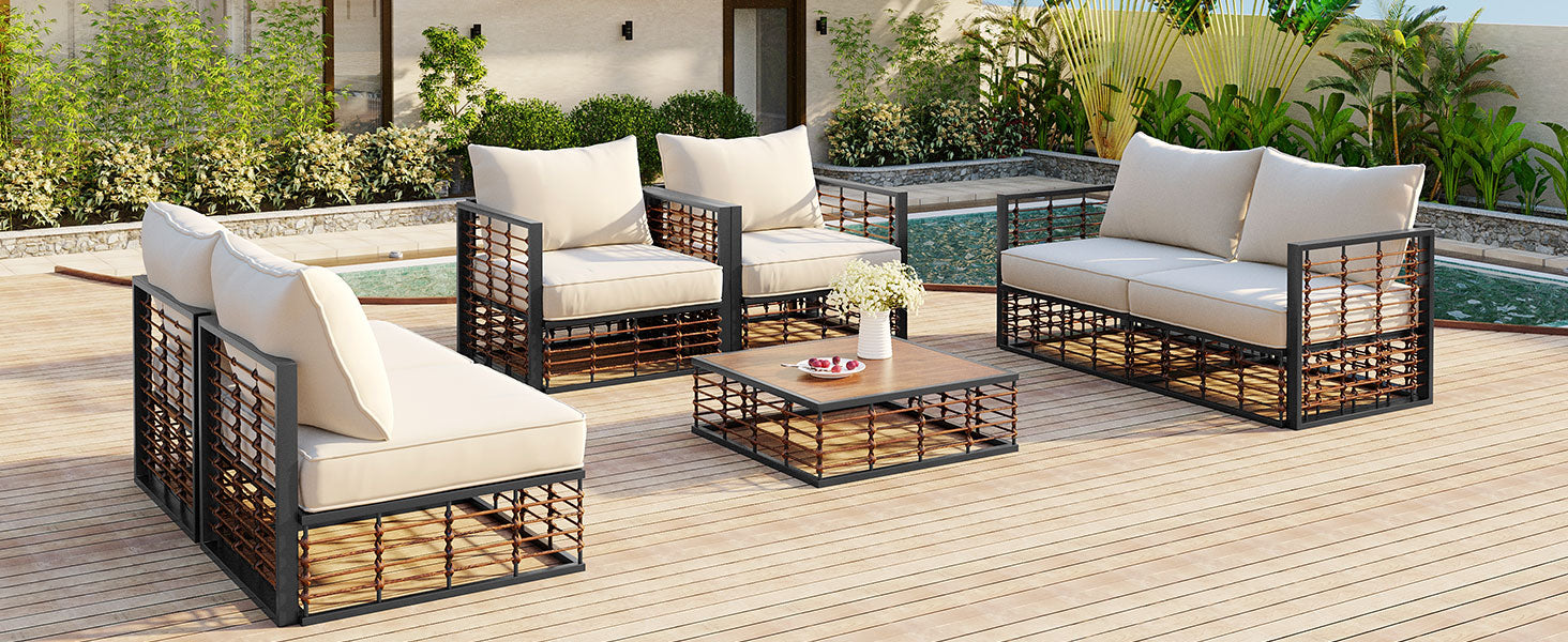 TOPMAX Modern Minimalist 7-Piece Metal Patio Sectional Sofa Set, All-Weather Garden Conversational Furniture Set with Thick Cushions and Coffee Table for Indoor Outdoor, Dark Grey