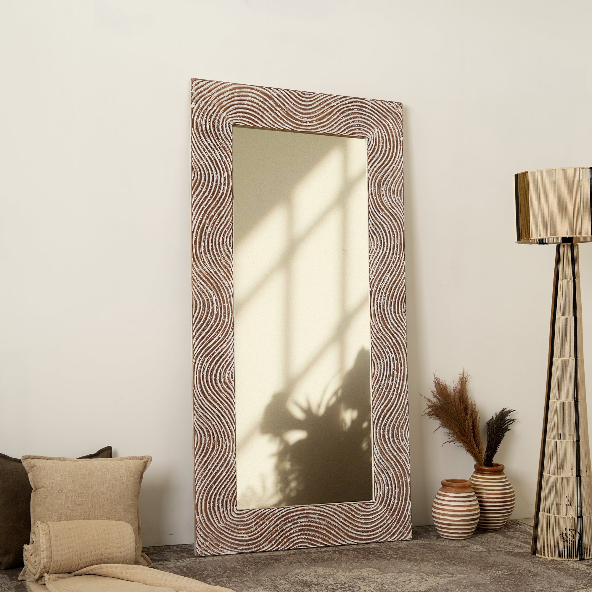 Rustic White Solid Wood Handcarved Rectangle Mirror Accent-36" x 72"