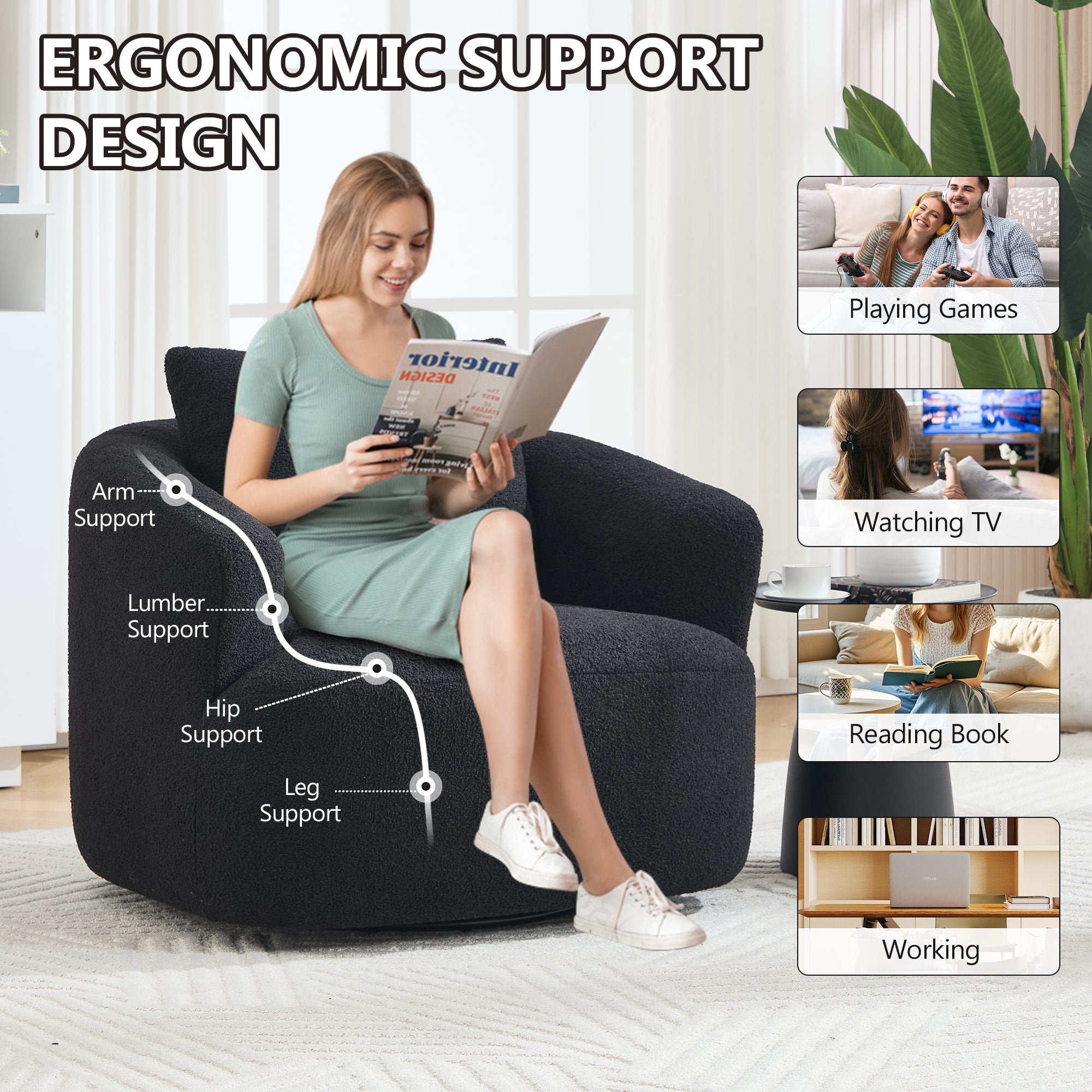 Teddy Fleece 360° Swivel Round Upholstered Comfy Accent Chair With Pillow