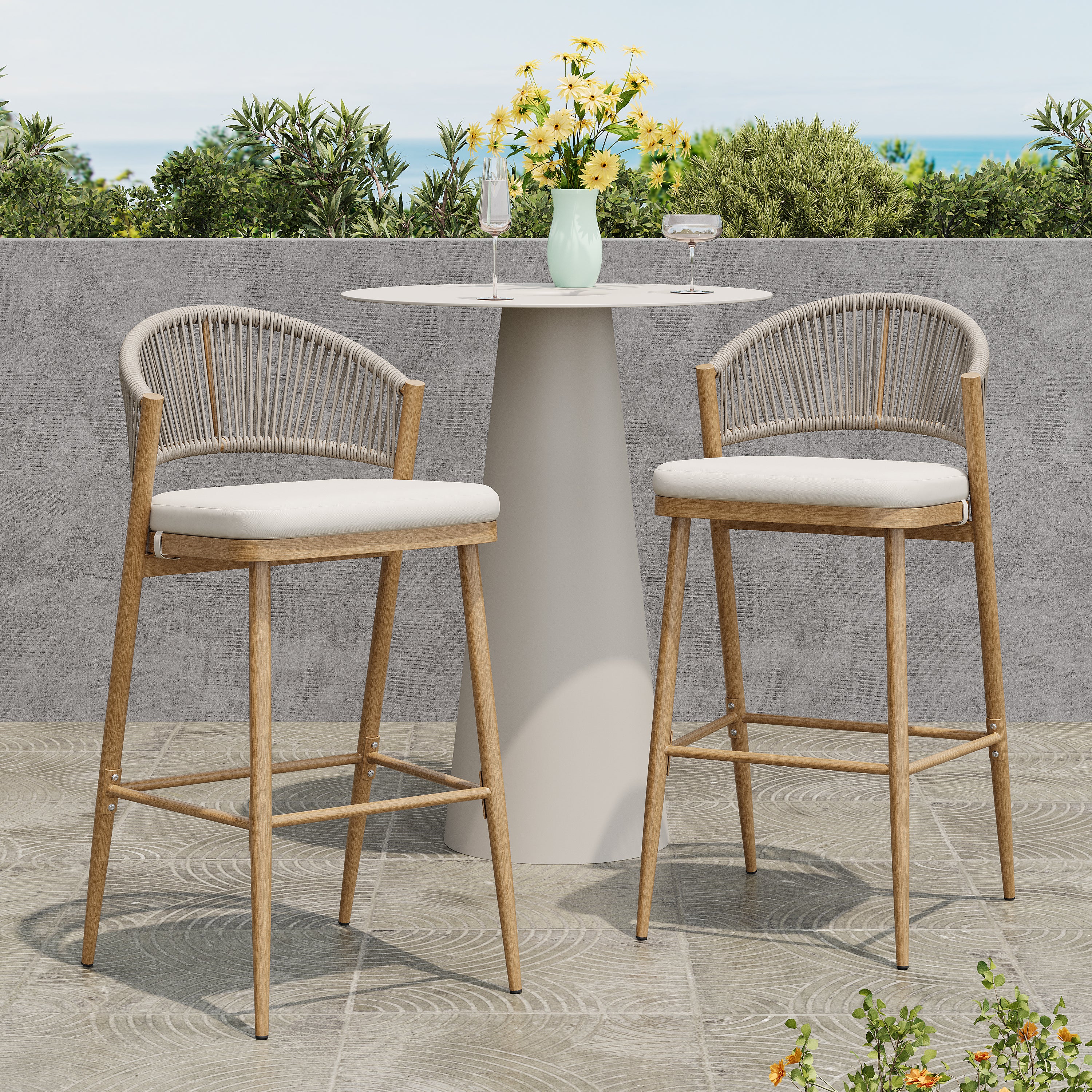 Outdoor Metal Frame Stools with Scallop-Shaped Backrest & Water-Resistant Cushions, Set of 2