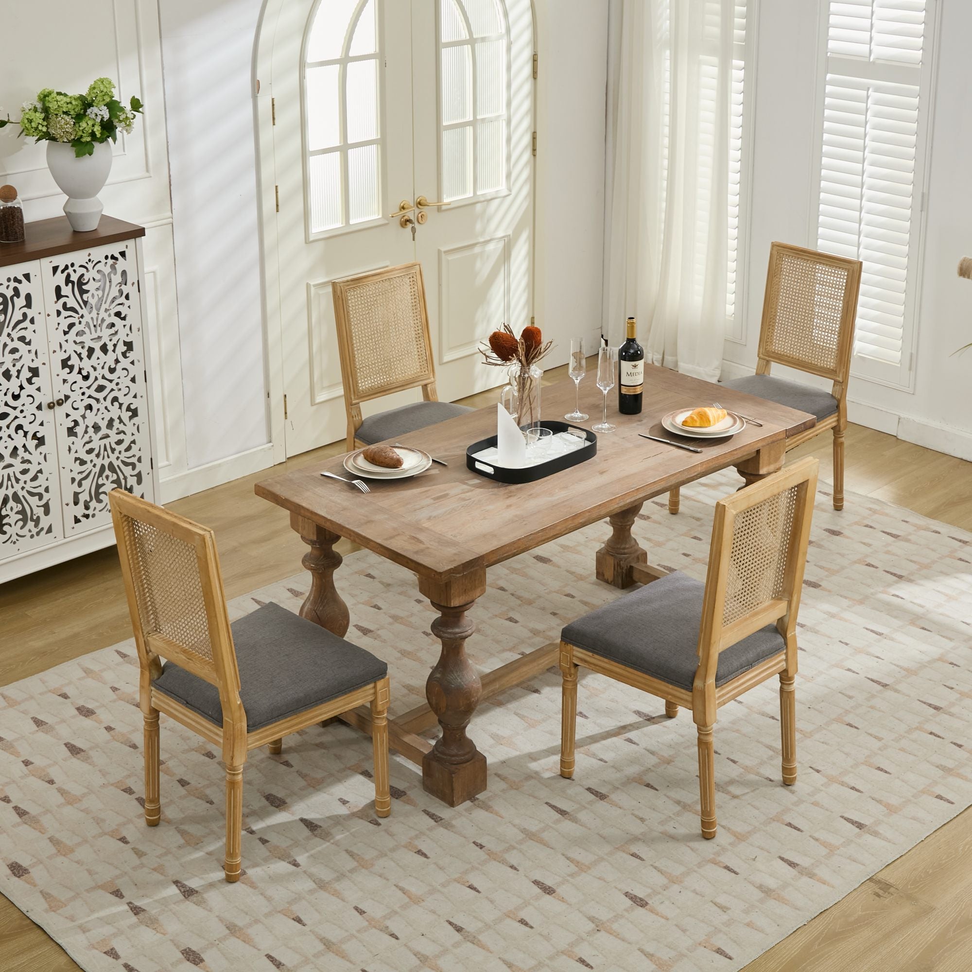 Louis French Country Dining Chairs with Square Rattan Backrest, Set of 2