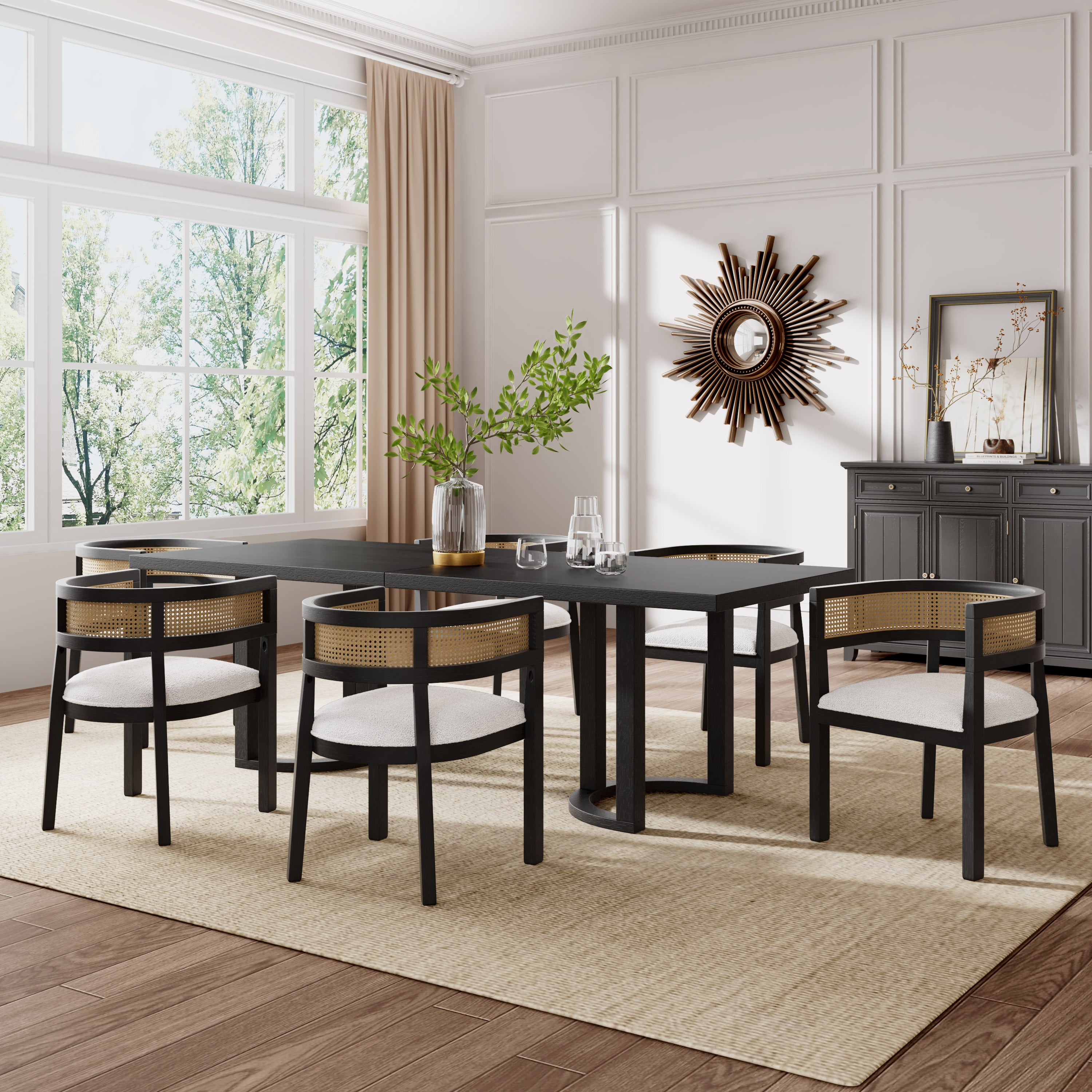 Asbury 7-Piece Mid-Century Modern Wood Upholstered Dining Set with Rattan U-Back Chairs