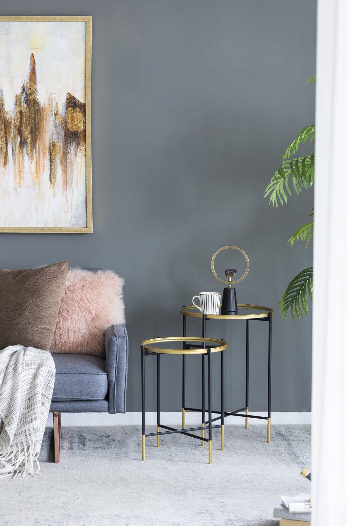 Set of 2 Gold and Black Iron Side Tables with Glass Top