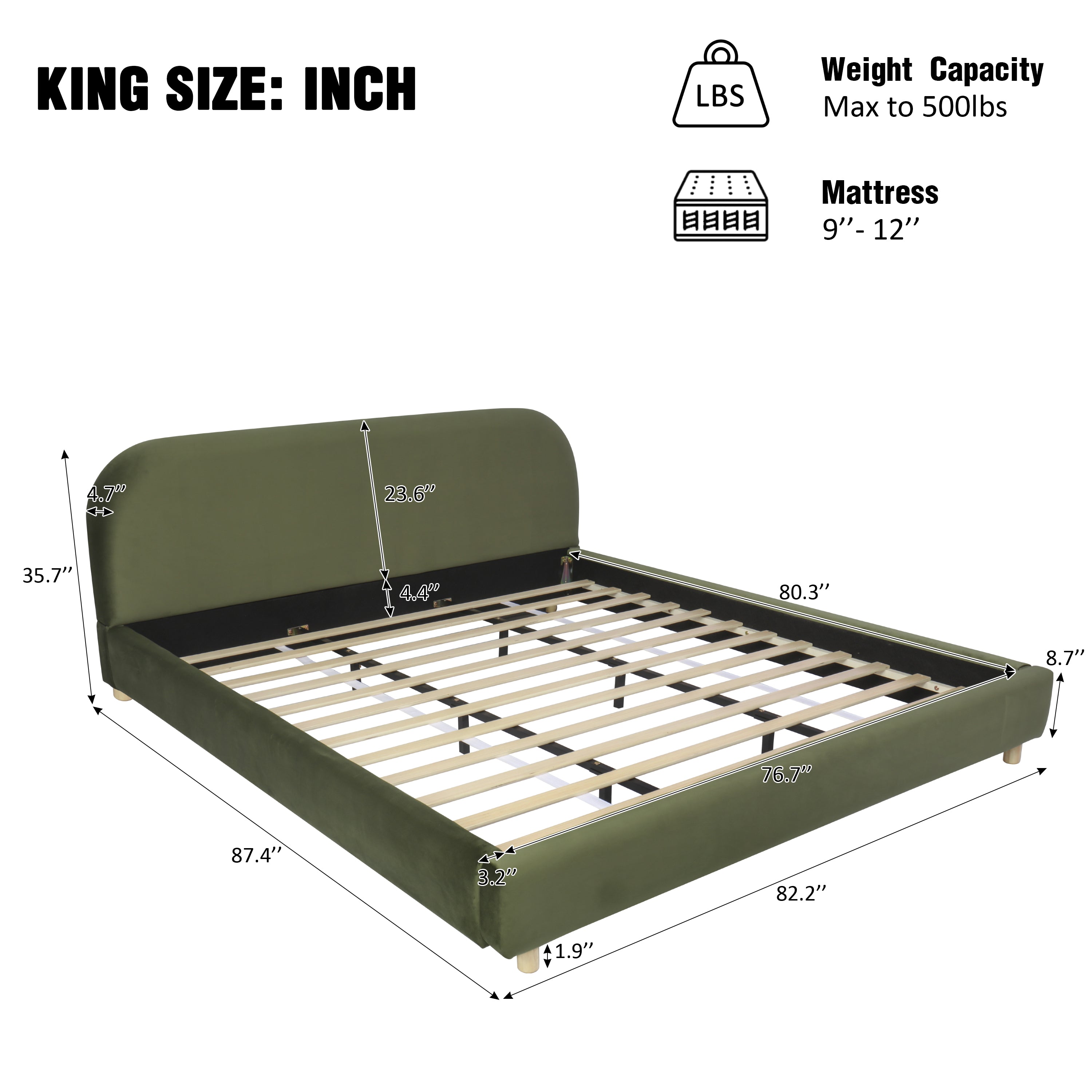Olive Green Velvet Upholstered Platform Bed with Curve-Shaped Design Headboard